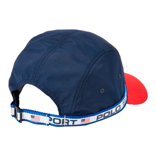 Ralph Lauren Polo Sport Long Bill Cap em vermelho e azul marinho. Foto de trás.