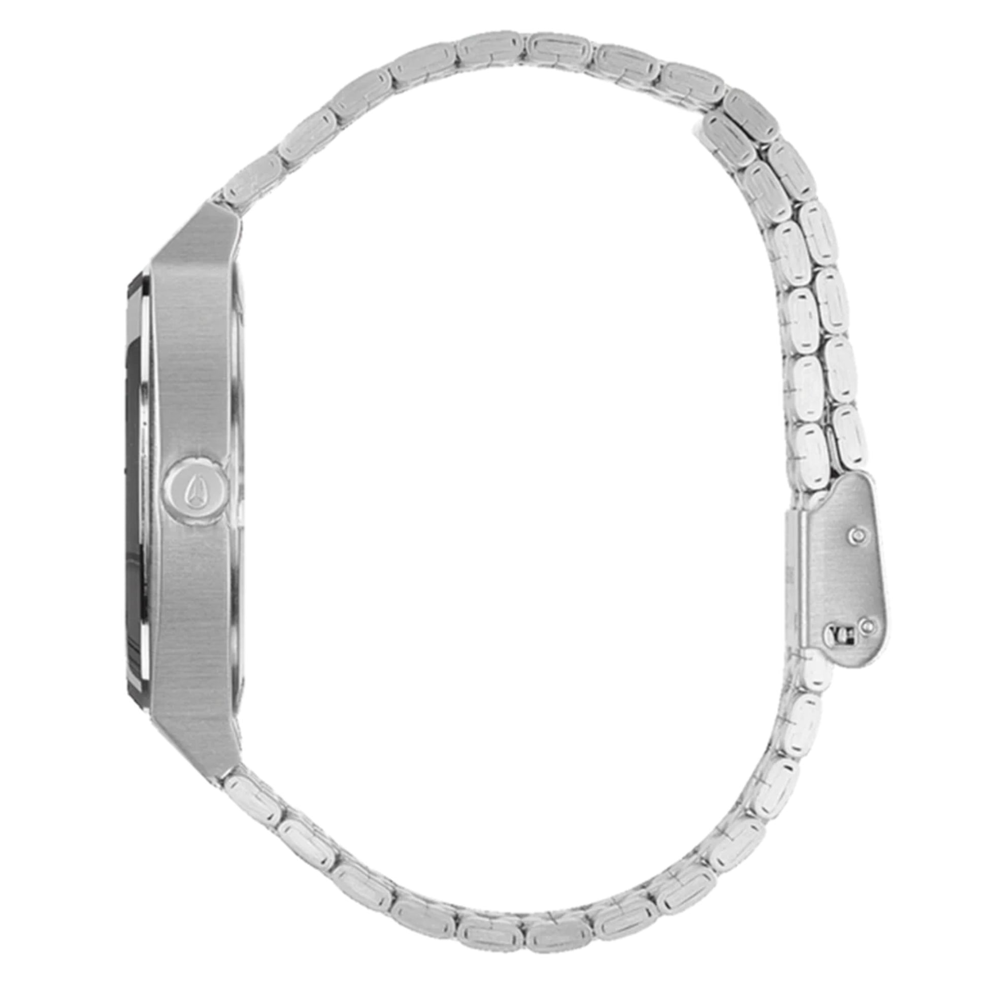 Relógio analógico unissexo Nixon Time Teller em Prateado/Coral. Foto de lado.