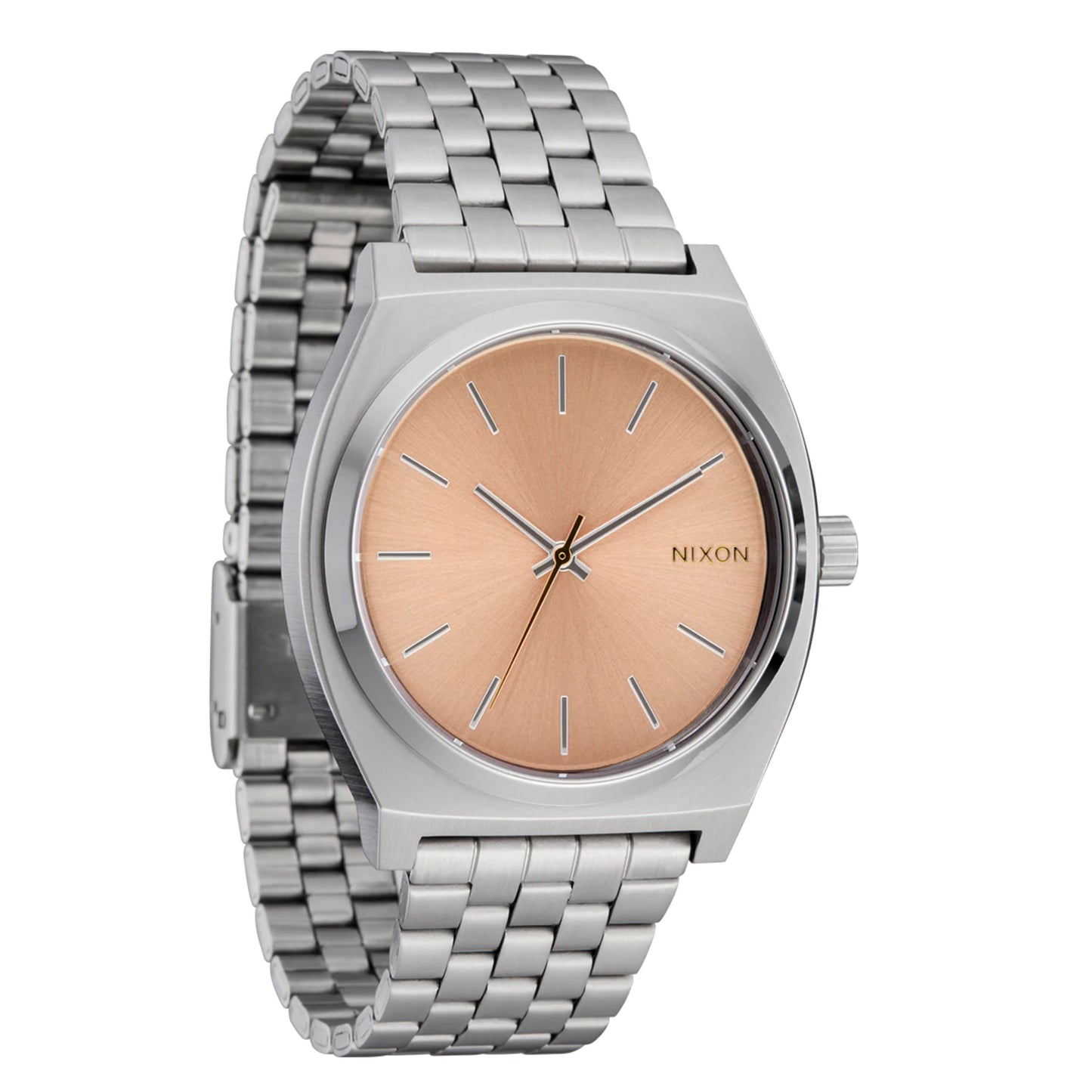 Relógio analógico unissexo Nixon Time Teller em Prateado/Coral. Foto da parte da frente a 3/4.