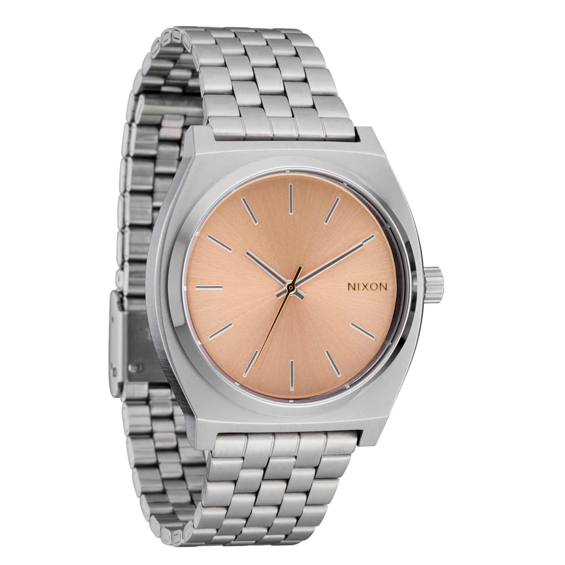 Relógio analógico unissexo Nixon Time Teller em Prateado/Coral. Foto da parte da frente a 3/4.
