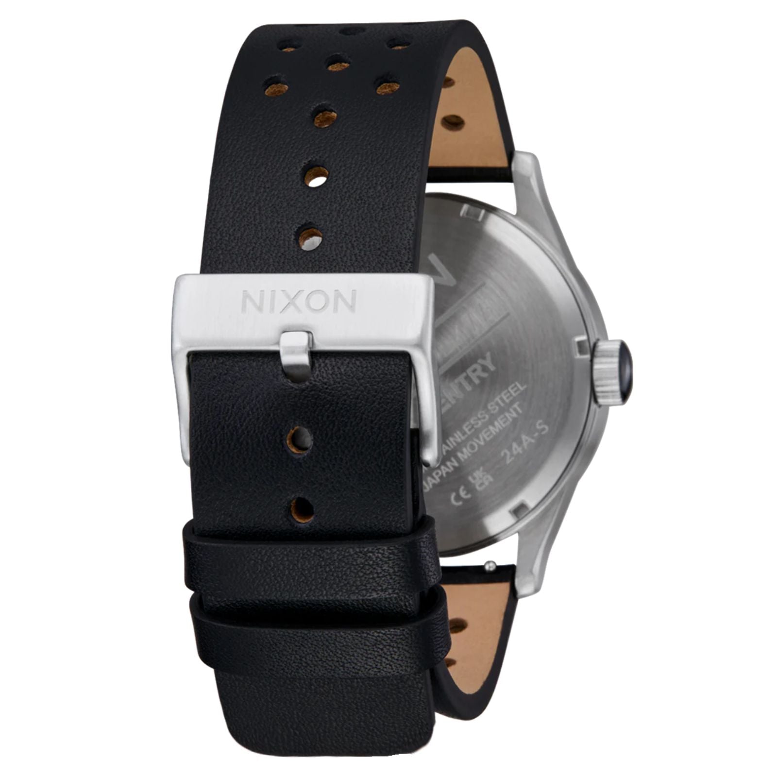 Nixon Sentry Leather Watch Chrome/Silver Sunray/Black. Foto da parte de trás.