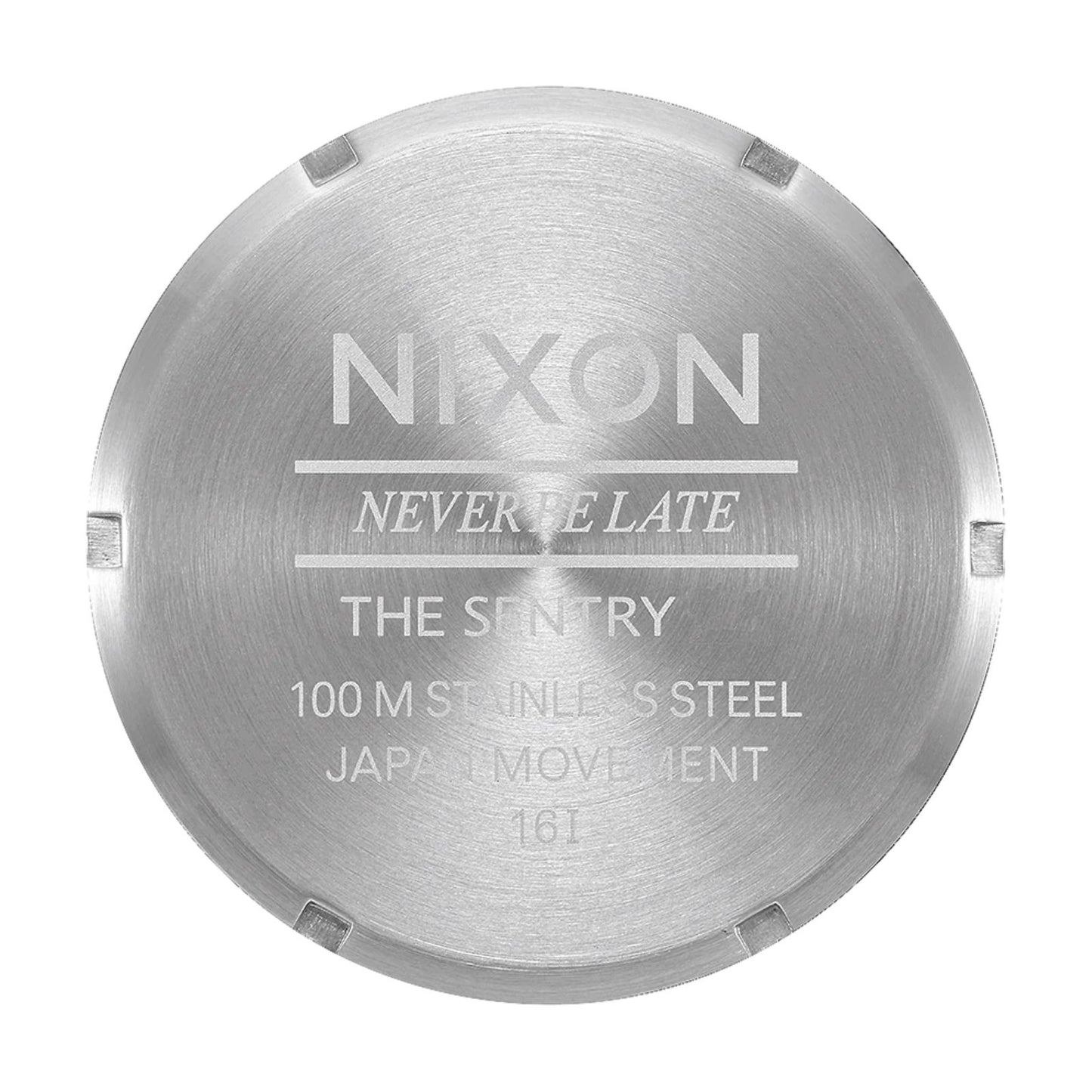 Nixon Sentry Leather Watch Chrome/Silver Sunray/Black. Foto da tampa traseira.