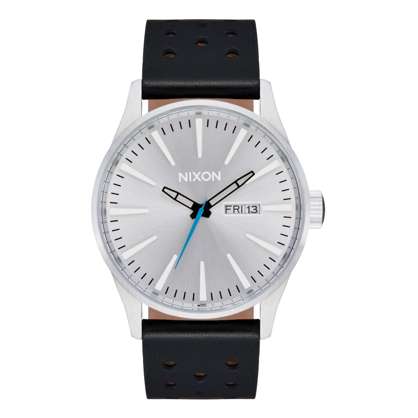 Nixon Sentry Leather Watch Chrome/Silver Sunray/Black. Foto da parte da frente.