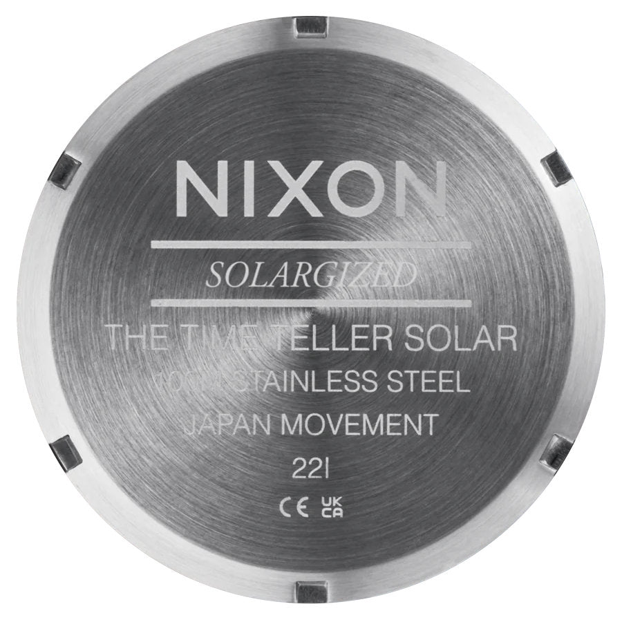 Nixon Time Teller Solar Silver/Jade Sunray. Foto da tampa traseira.