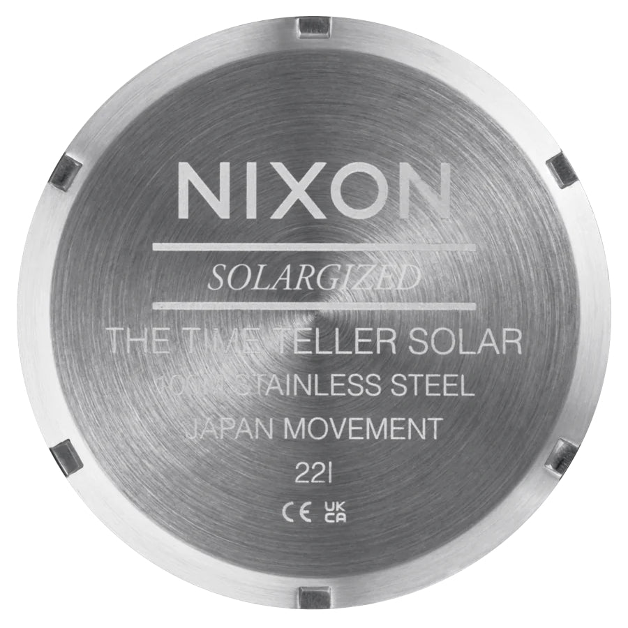Nixon Time Teller Solar Silver/Rainbow. Foto da tampa traseira.