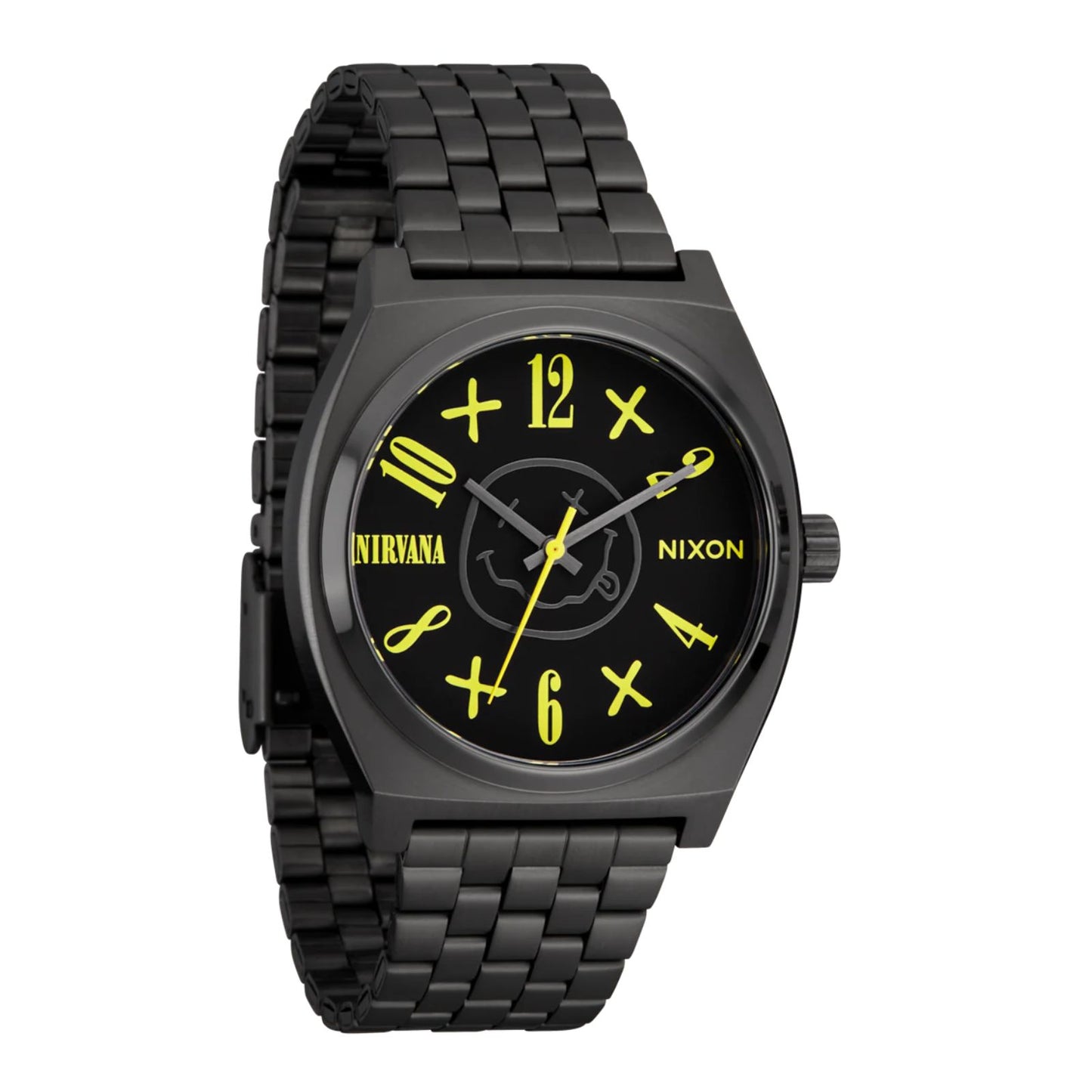 Nixon x Nirvana Time Teller Watch Black Nirvana Smiley Face. Foto da parte da frente a 3/4.