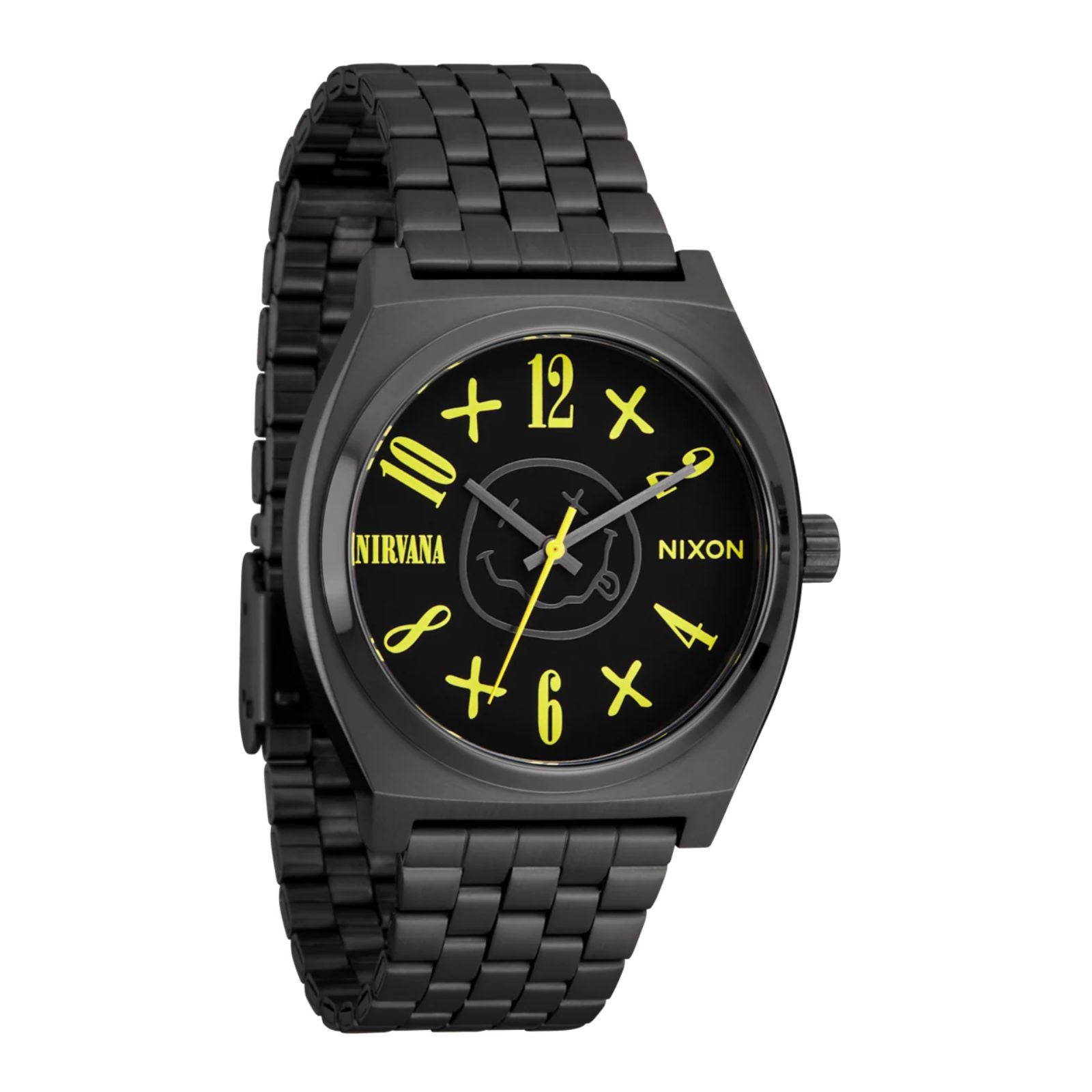 Nixon x Nirvana Time Teller Watch Black Nirvana Smiley Face. Foto da parte da frente a 3/4.