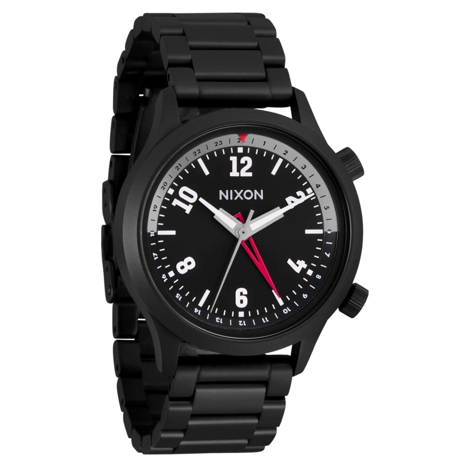 Nixon Drifter 40 Watch Super Black/Black Sunray. Foto da parte da frente a 3/4.