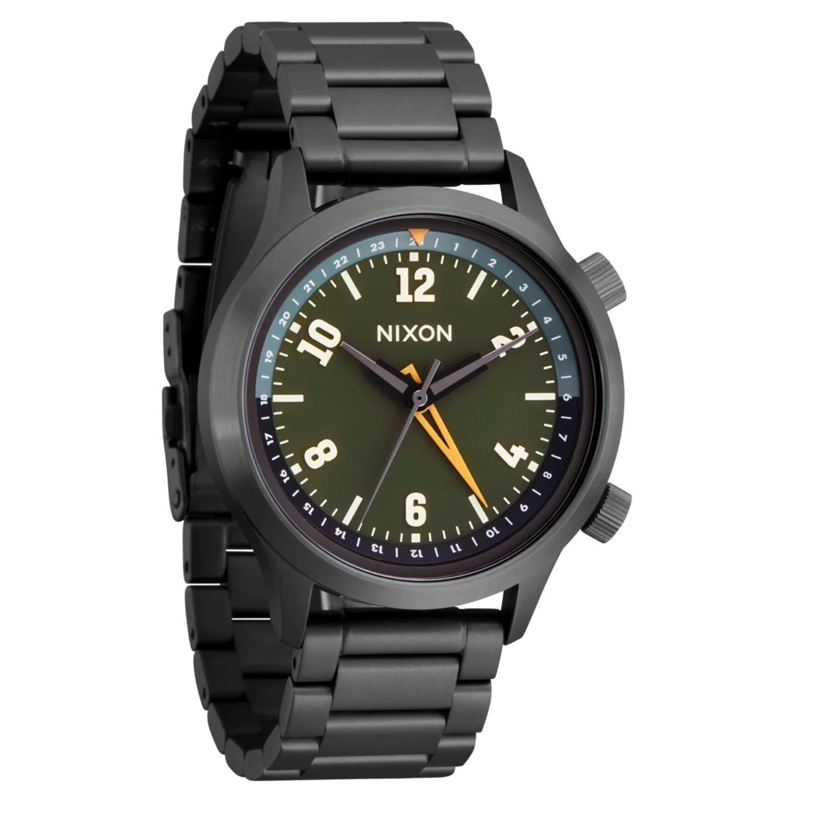 Nixon Drifter 40 Watch Gunmetal/Kobu Green. Foto da parte da frente a 3/4.