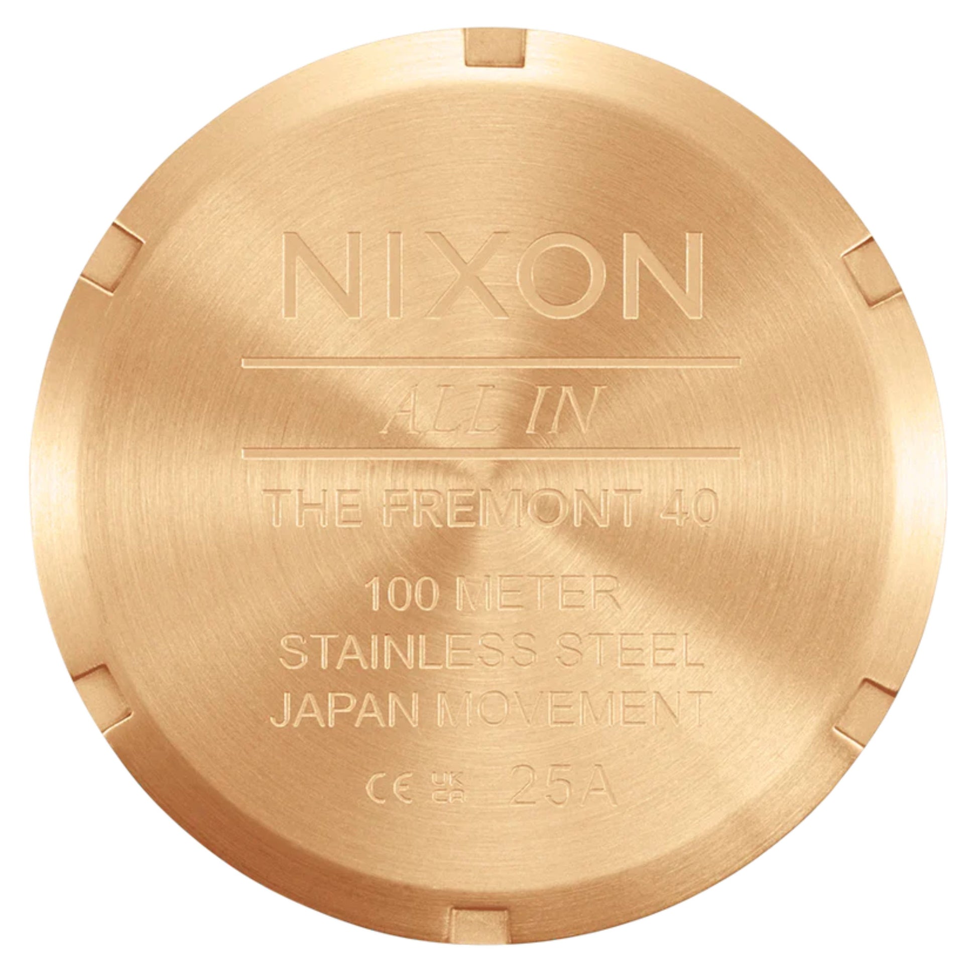 Relógio analógico unissexo Nixon Fremont 40 em Dourado/Preto. Foto da tampa traseira.
