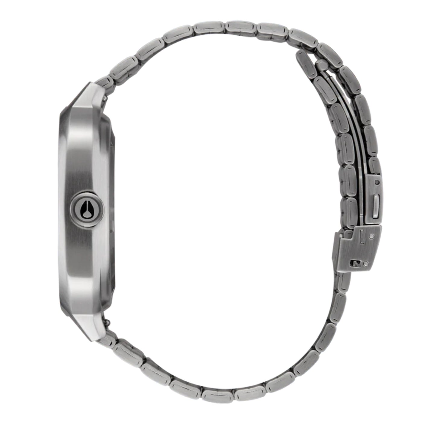 Relógio analógico unissexo Nixon Fremont 40 em Prateado/Midnight. Foto de lado.