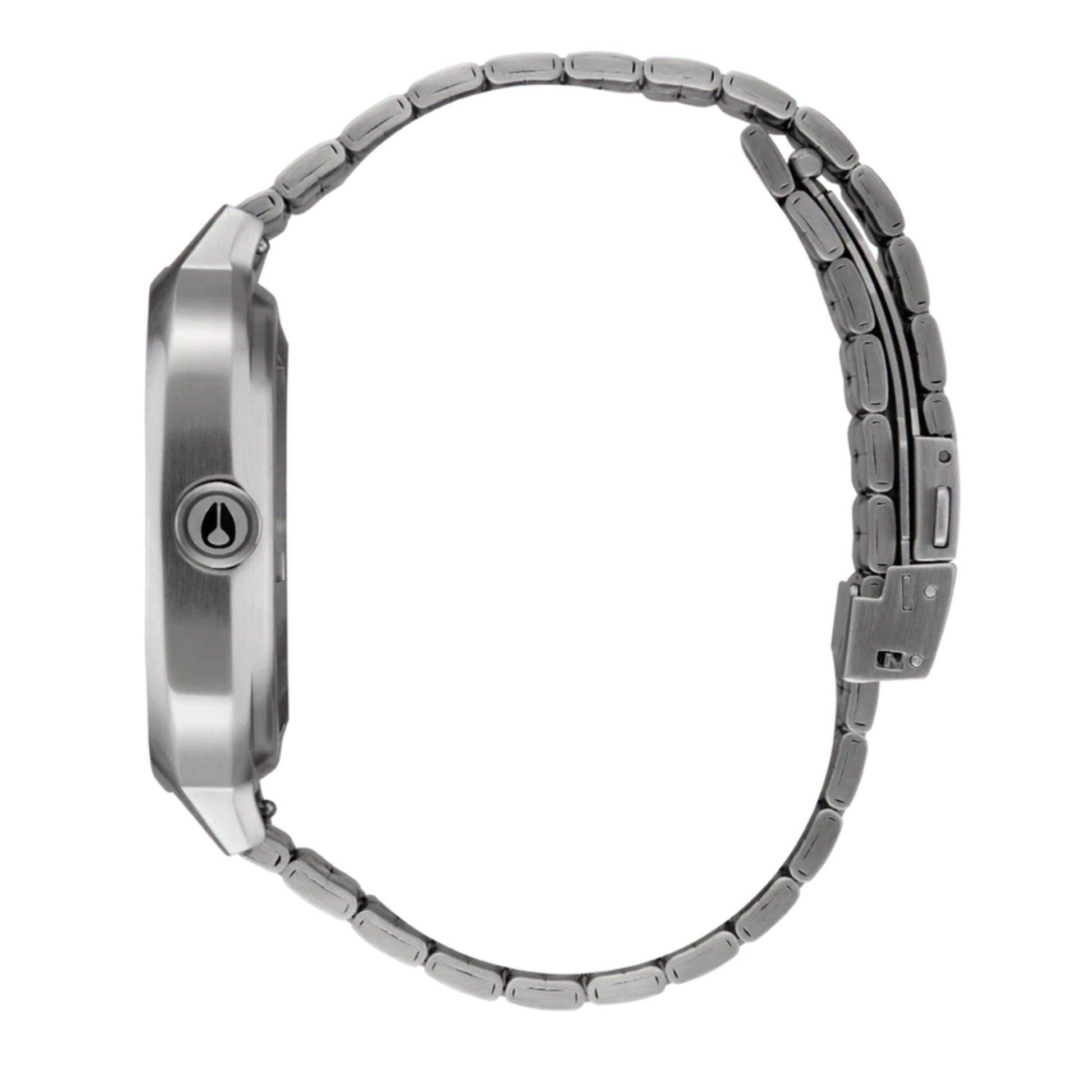 Relógio analógico unissexo Nixon Fremont 40 em Prateado/Midnight. Foto de lado.