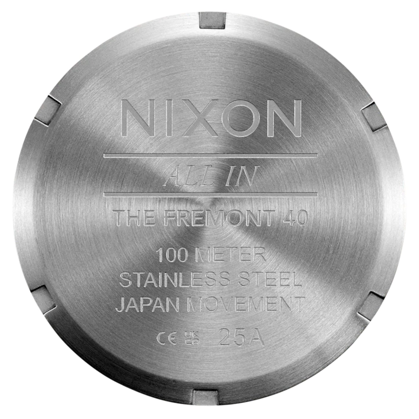 Relógio analógico unissexo Nixon Fremont 40 em Prateado/Midnight. Foto da tampa traseira.