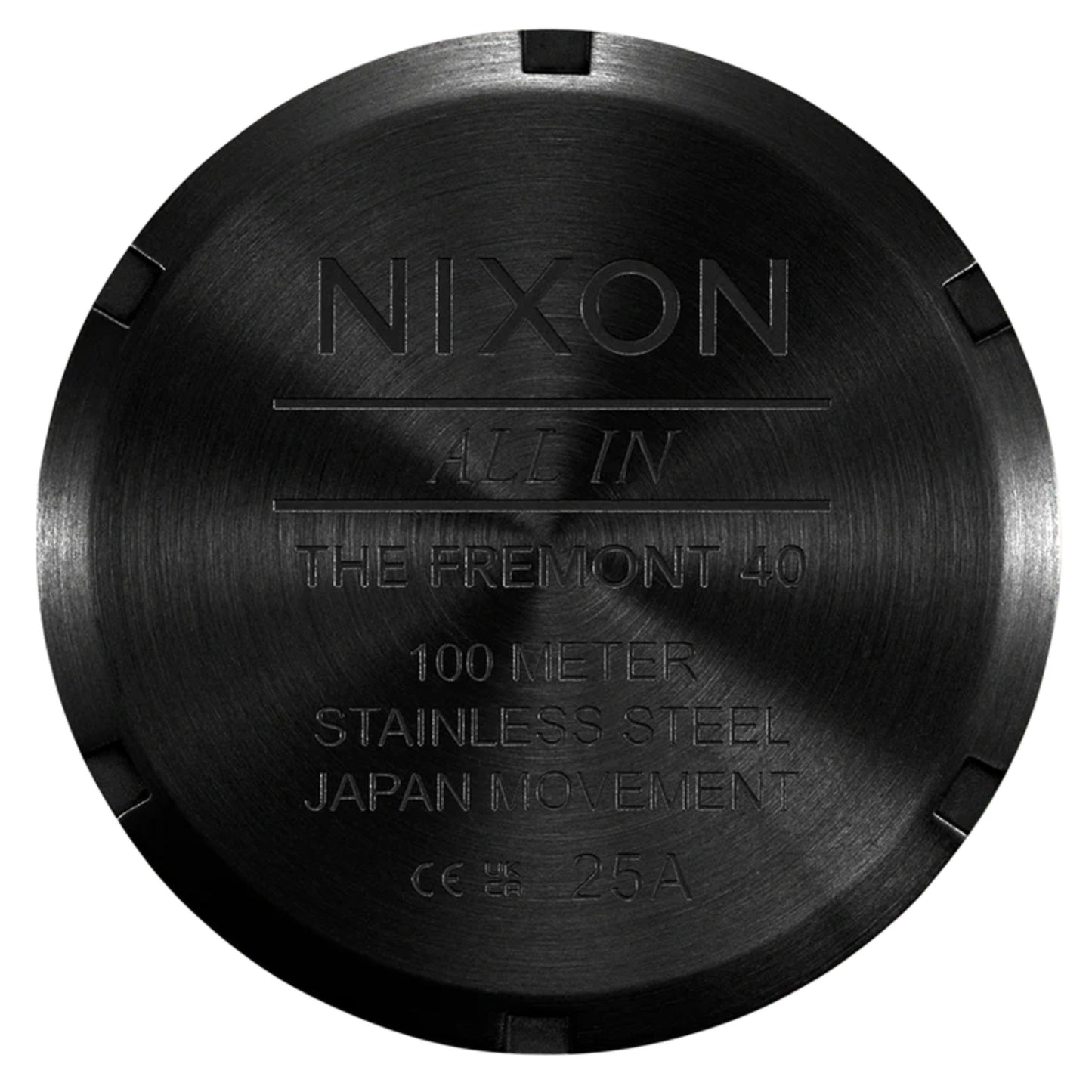 Relógio analógico unissexo Nixon Fremont 40 em Preto/Preto Multi. Foto da tampa traseira.