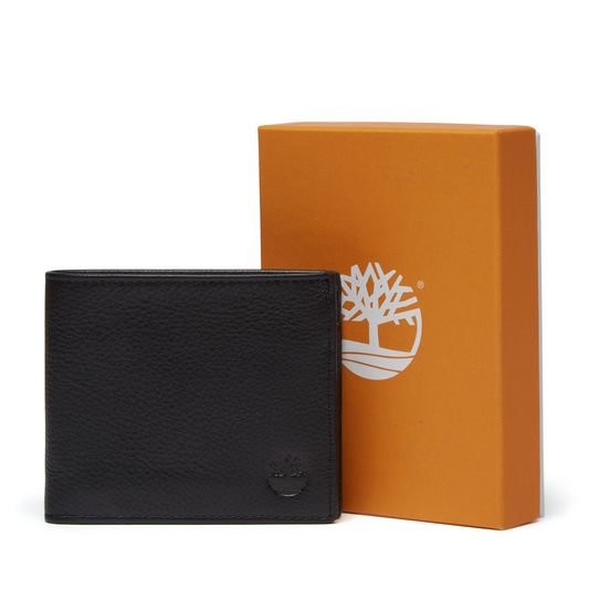 Carteira de homem Timberland Kennebunk Coin Pocket em Preto. Foto da carteira fechada com a sua caixa.
