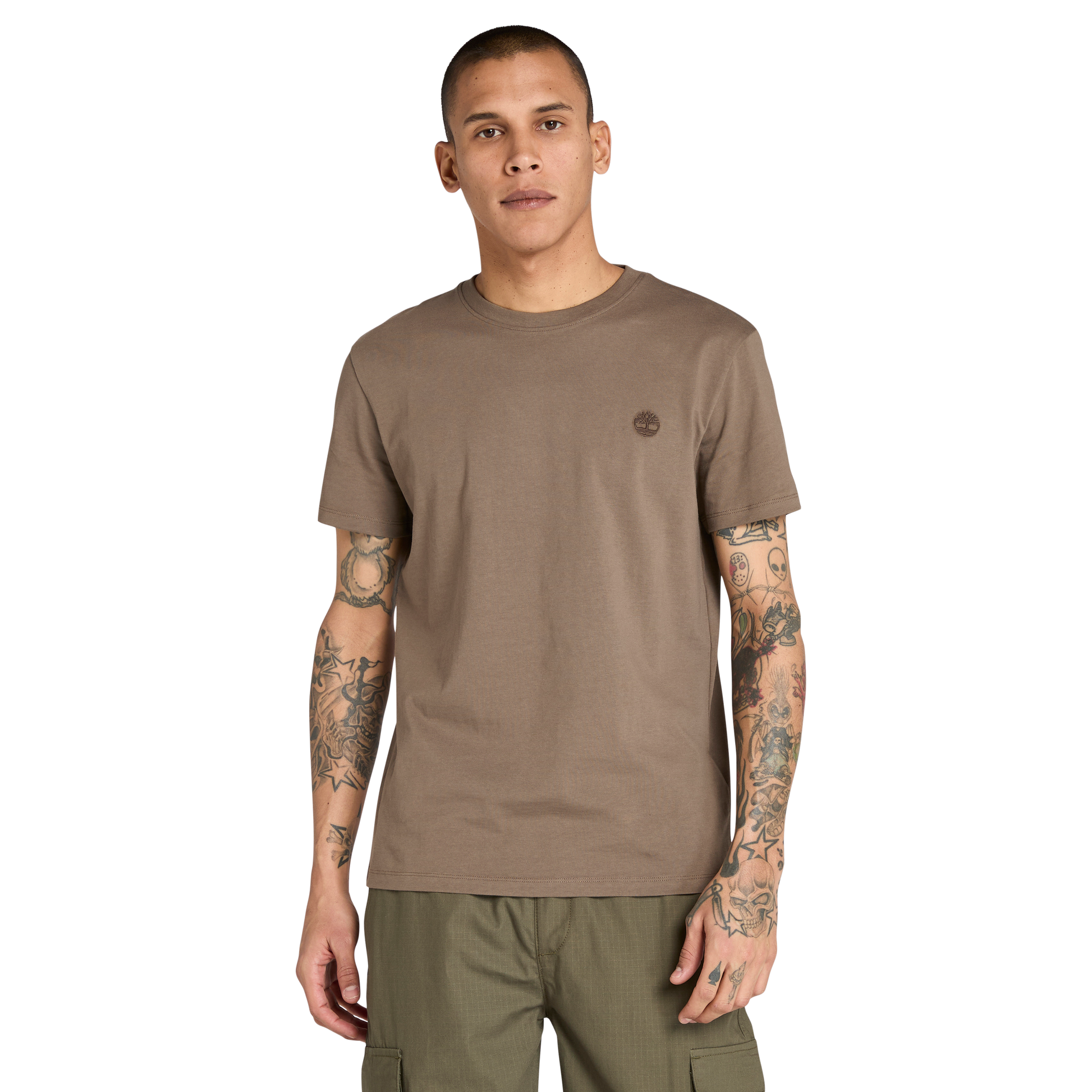 T-Shirt de manga curta para homem Timberland Dunstan River em Chocolate Chip. Foto da parte da frente, vestida.