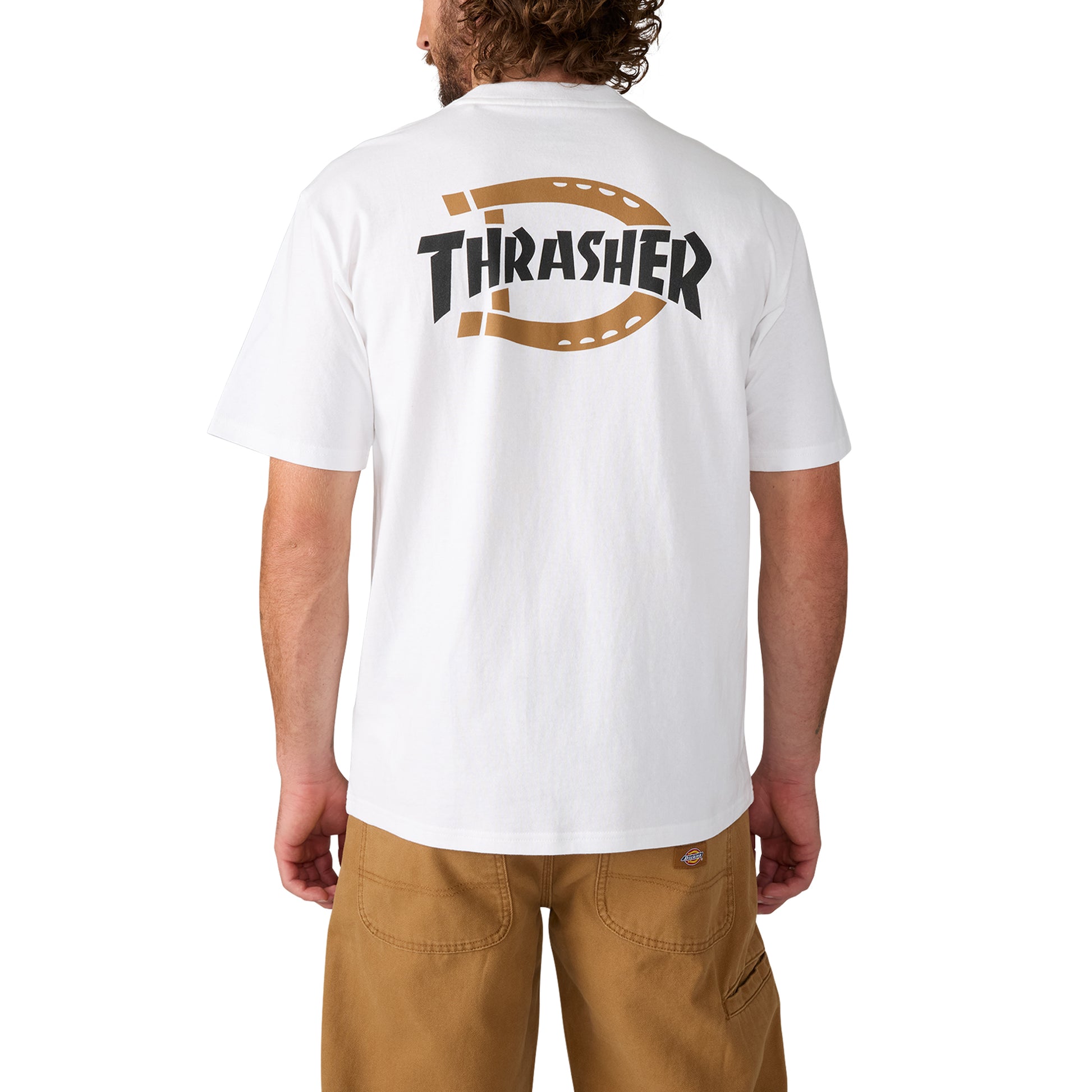 T-Shirt de manga curta para homem Dickies x Thrasher em Branco. Foto da parte de trás vestida.