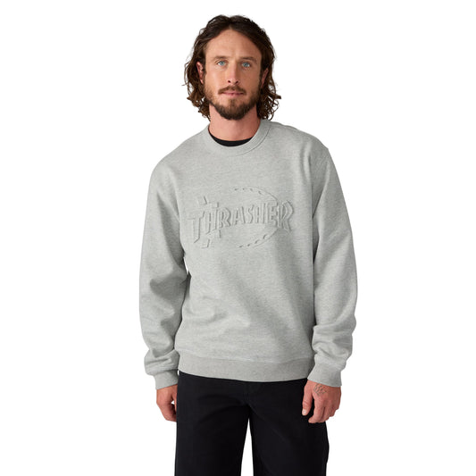 Sweat de homem Dickies x Thrasher em Grey Melange. Foto da parte da frente, vestida.