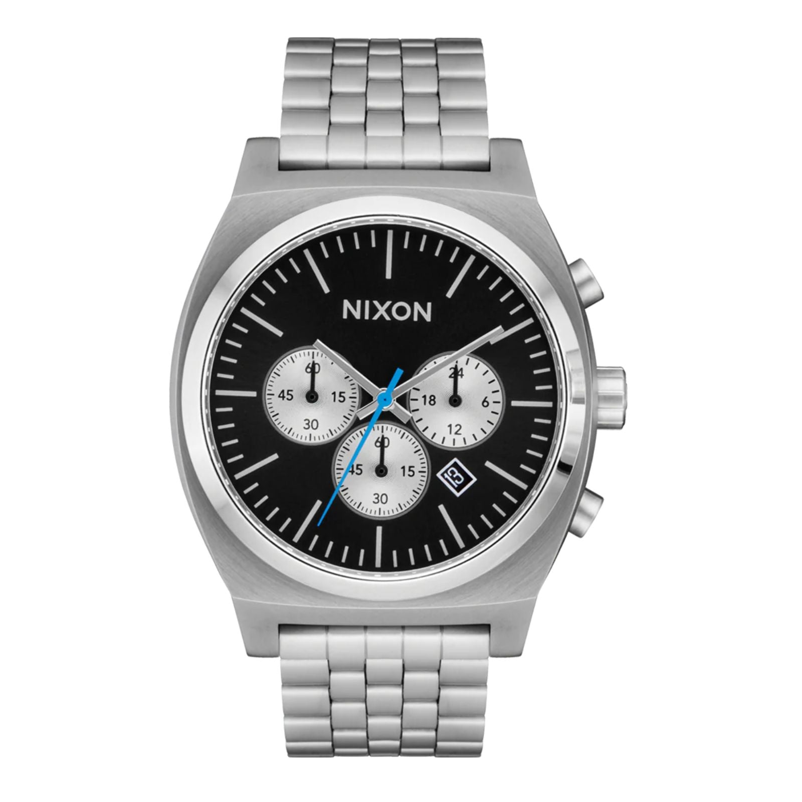 Nixon Time Teller Chrono Watch Chrome/Black/Chrome Sunray. Foto da parte da frente.