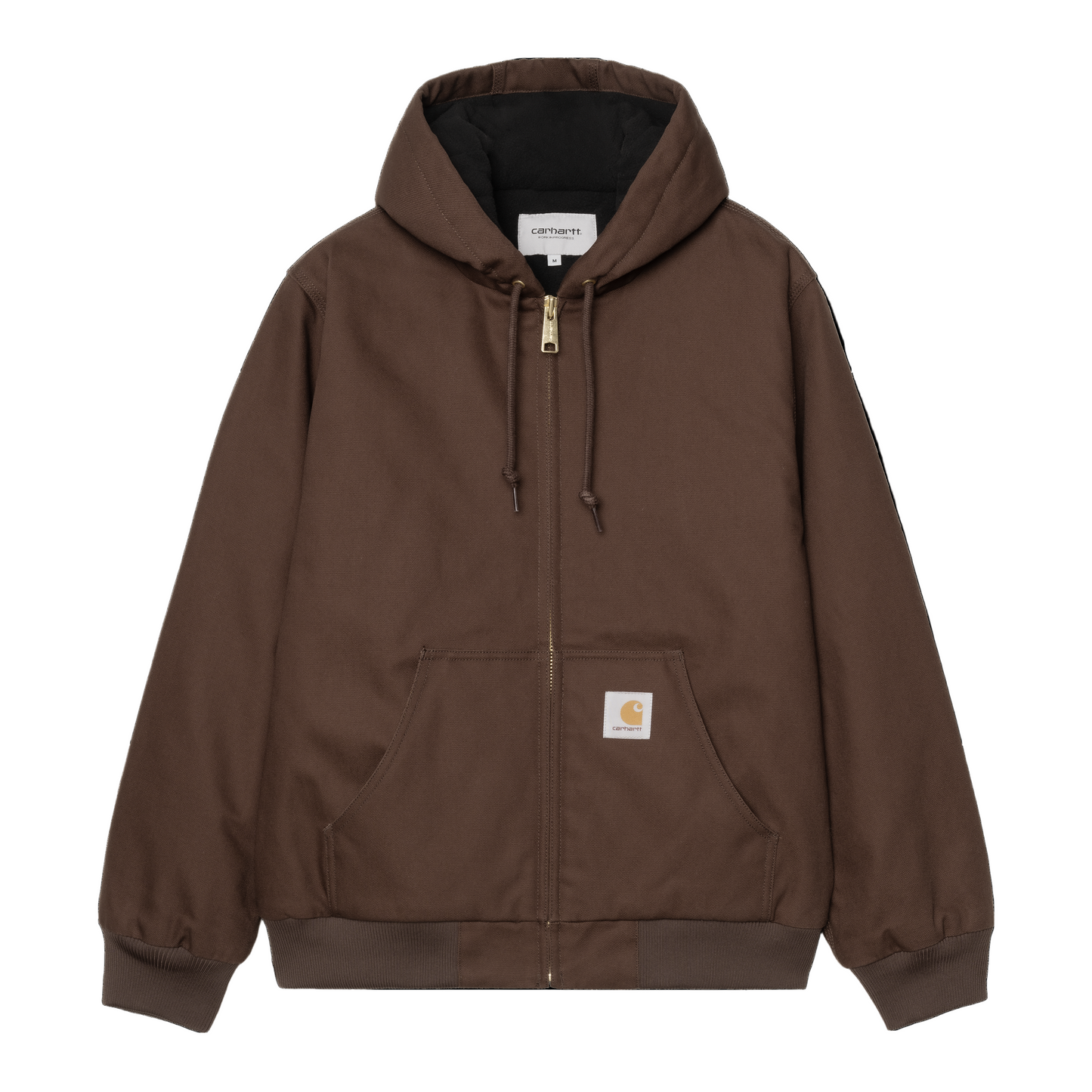 Casaco com carapuço para homem Carhartt WIP Active em Tobacco Rigid. Foto da parte da frente, fechado.