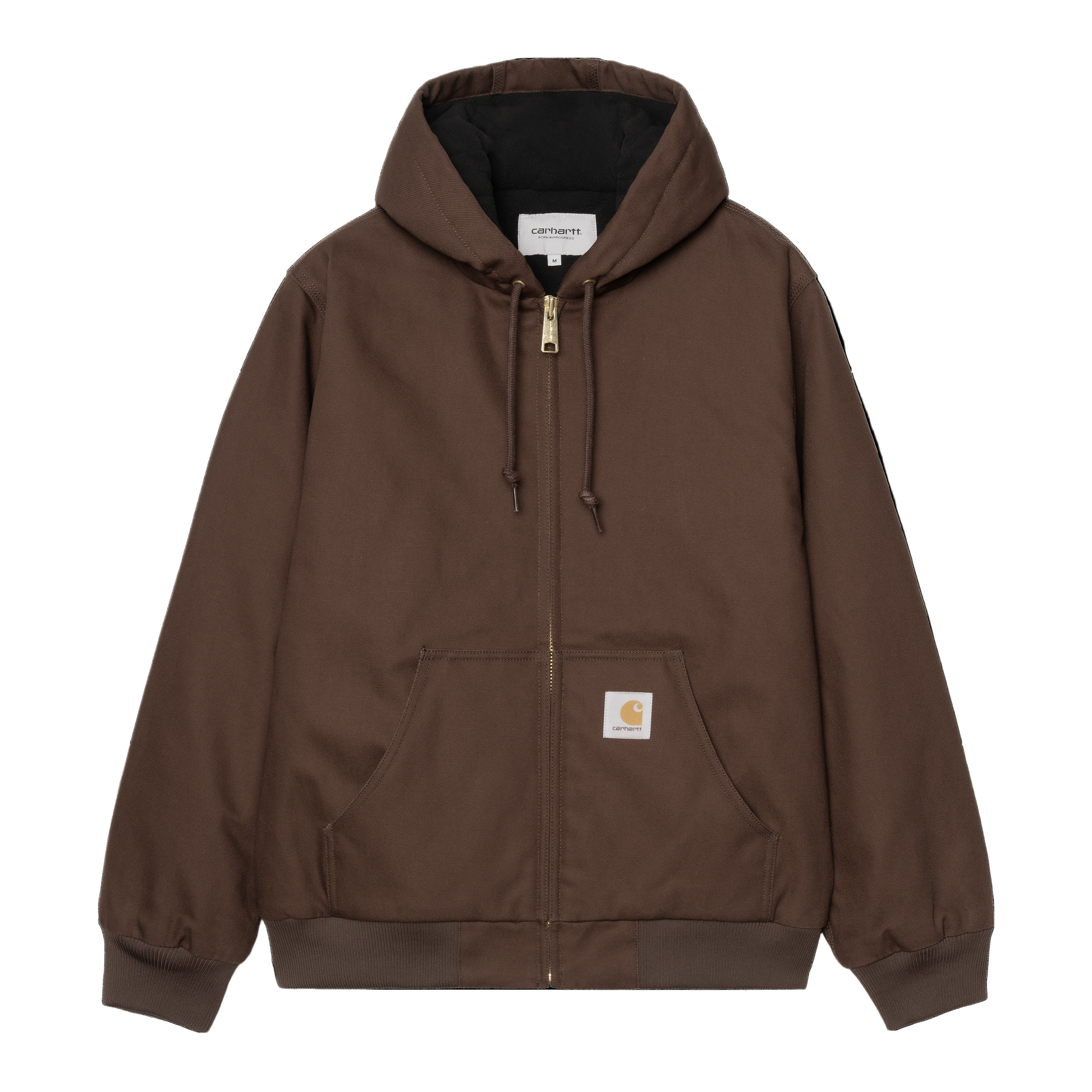 Casaco com carapuço para homem Carhartt WIP Active em Tobacco Rigid. Foto da parte da frente, fechado.