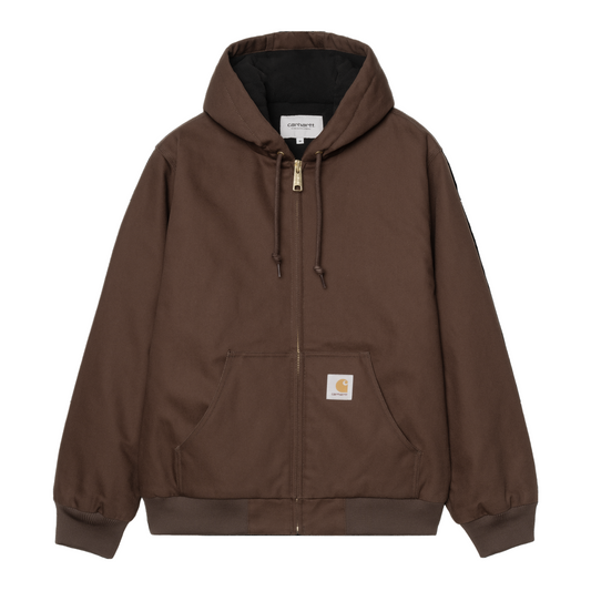 Casaco com carapuço para homem Carhartt WIP Active em Tobacco Rigid. Foto da parte da frente, fechado.