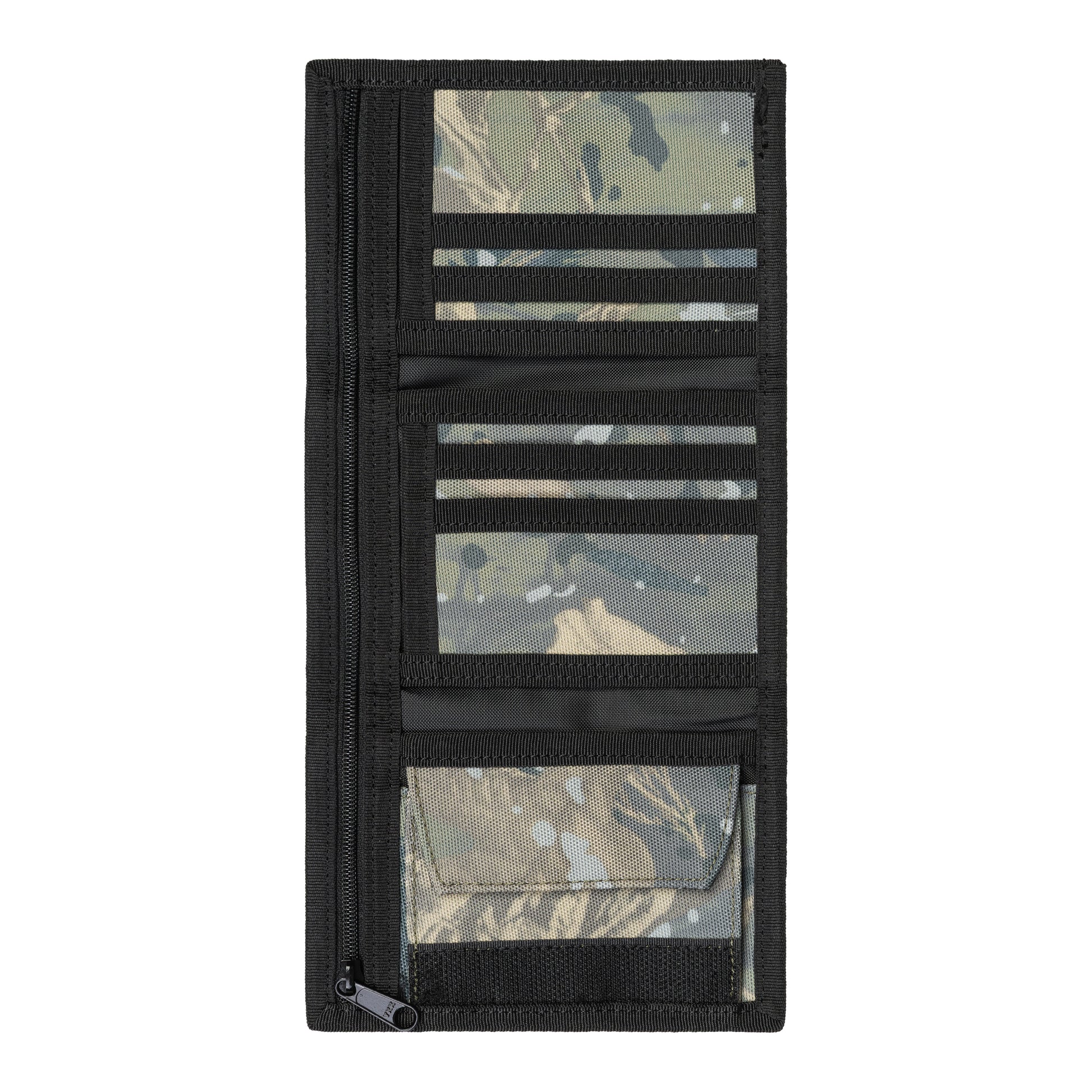 Carteira unissexo Carhartt WIP Alec em Camo Combi, Green. Foto da carteira aberta.