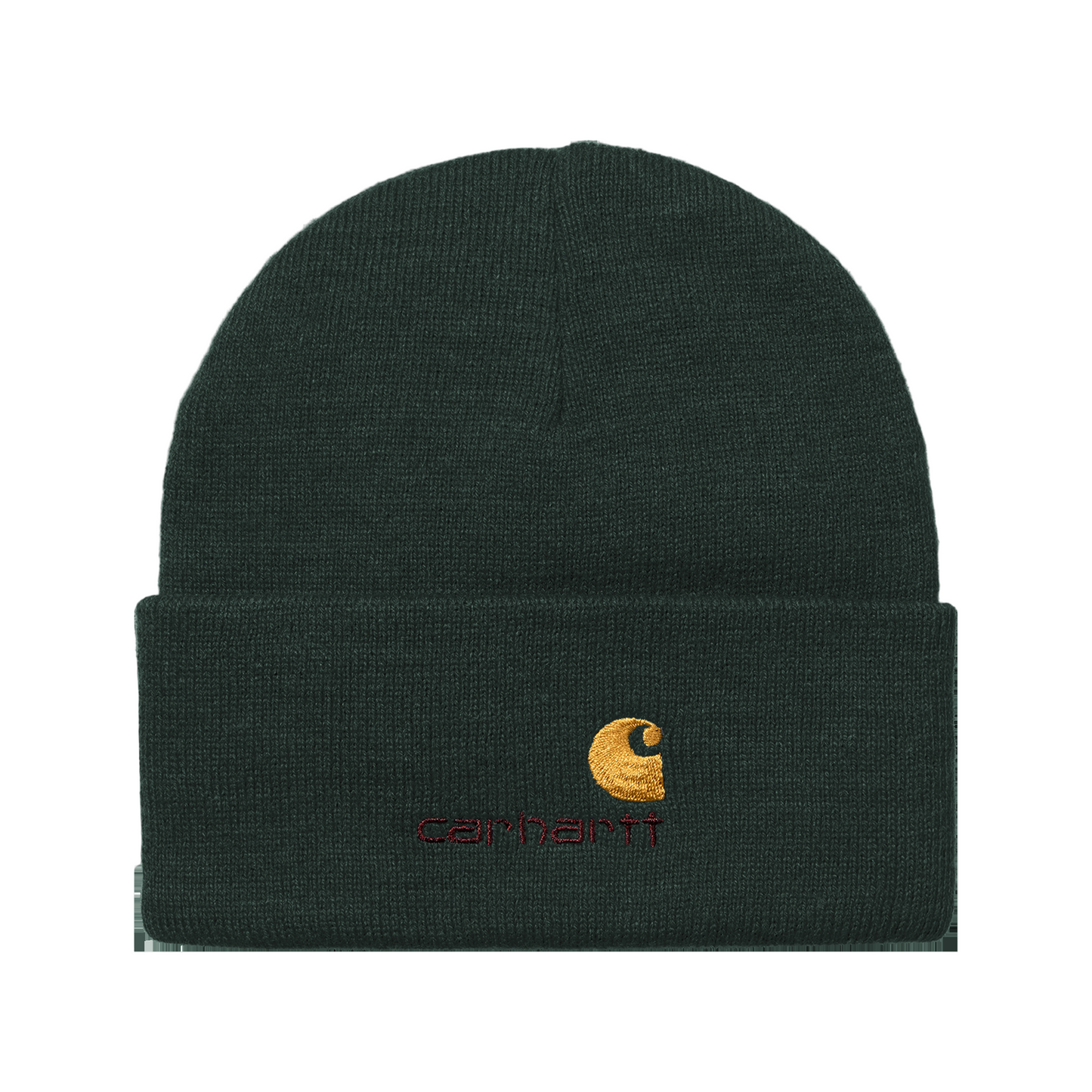 Gorro unissexo Carhartt WIP American Script em Dark Fir. Foto da parte da frente.
