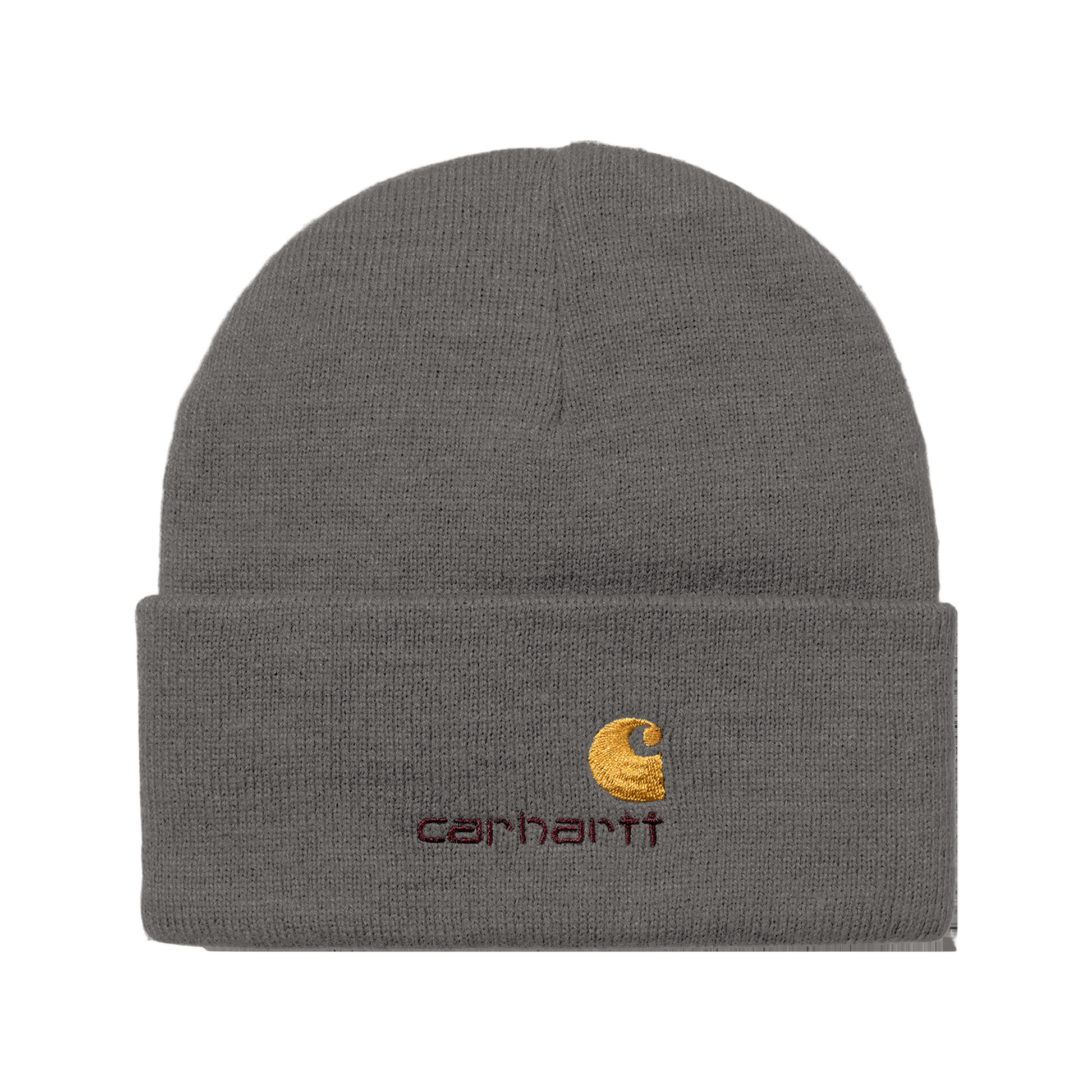 Gorro unissexo Carhartt WIP American Script em Porphyry. Foto da parte da frente.