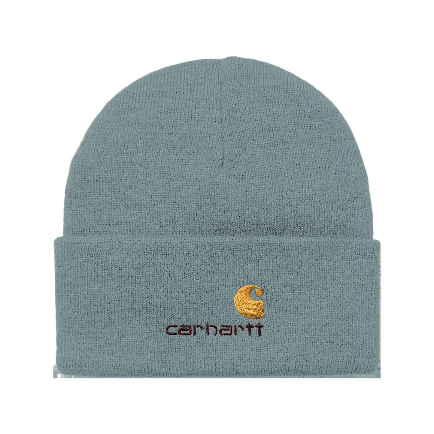Gorro unissexo Carhartt WIP American Script em Citadel. Foto da parte da frente.