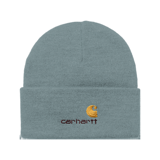 Gorro unissexo Carhartt WIP American Script em Citadel. Foto da parte da frente.