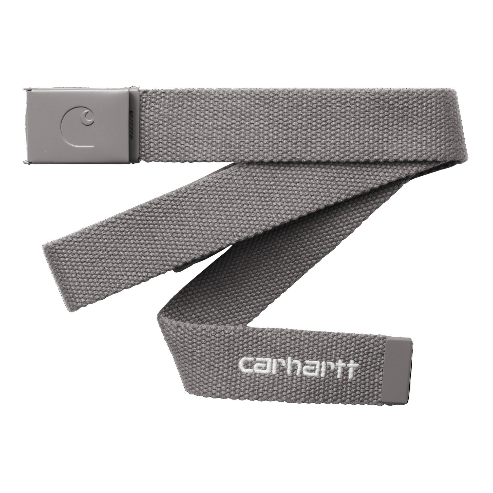 Cinto unissexo Carhartt WIP C-Logo Tonal em Porphyry/Branco. Foto de frente.