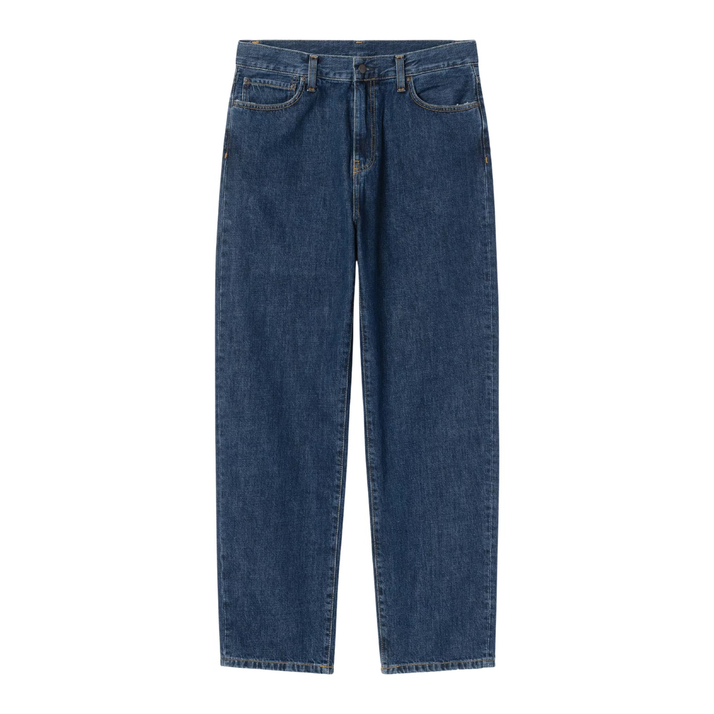 Calça de ganga para homem Carhartt WIP Aaron em azul com lavagem Stone Washed. Foto da parte da frente.