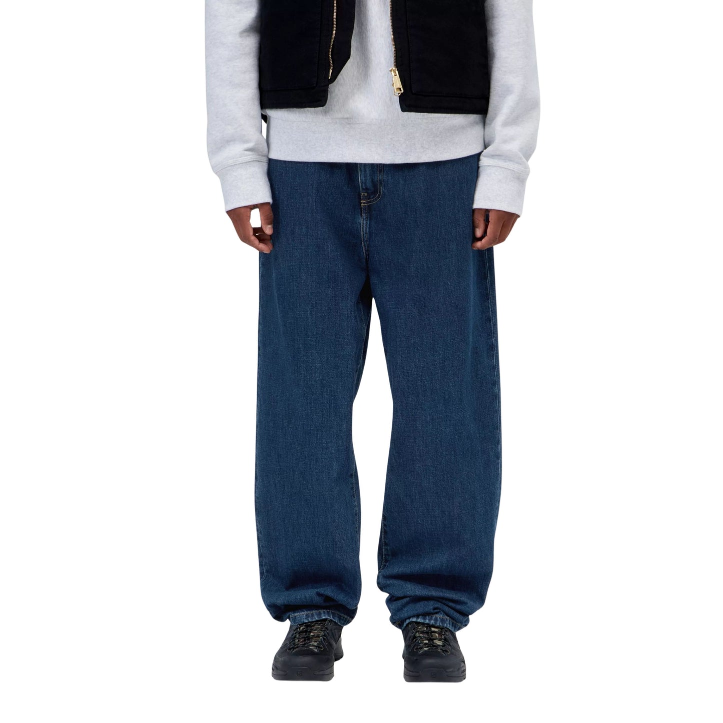 Calça de ganga para homem Carhartt WIP Aaron em azul com lavagem Stone Washed. Foto da parte da frente, vestidas.