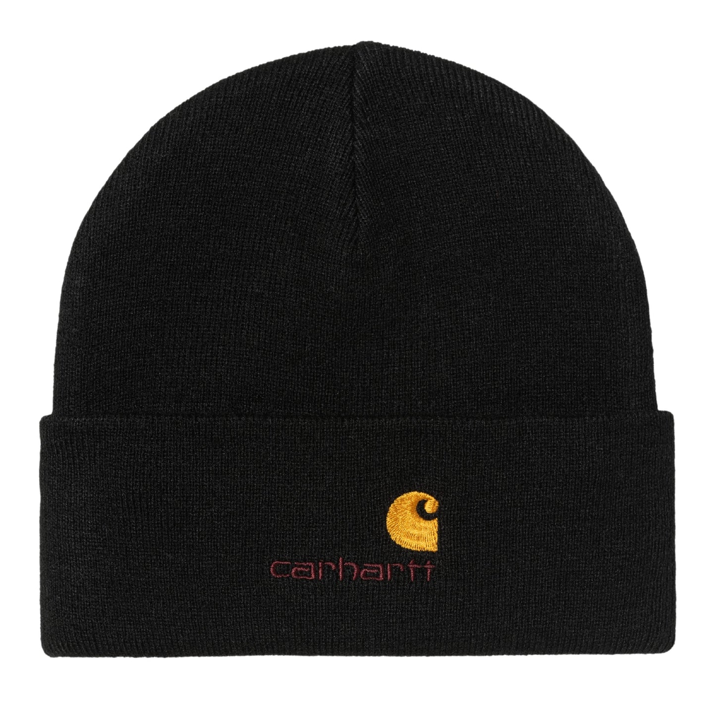 Gorro unissexo Carhartt WIP American Script em Preto. Foto da parte da frente.