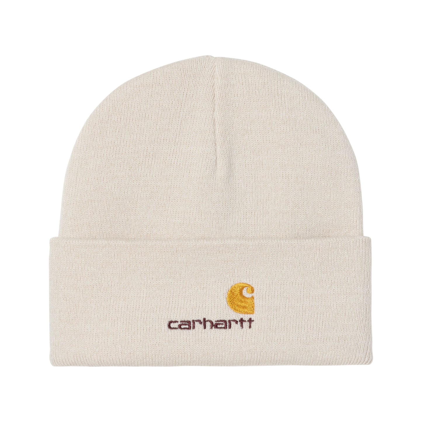 Gorro unissexo Carhartt WIP American Script em Natural. Foto da parte da frente.