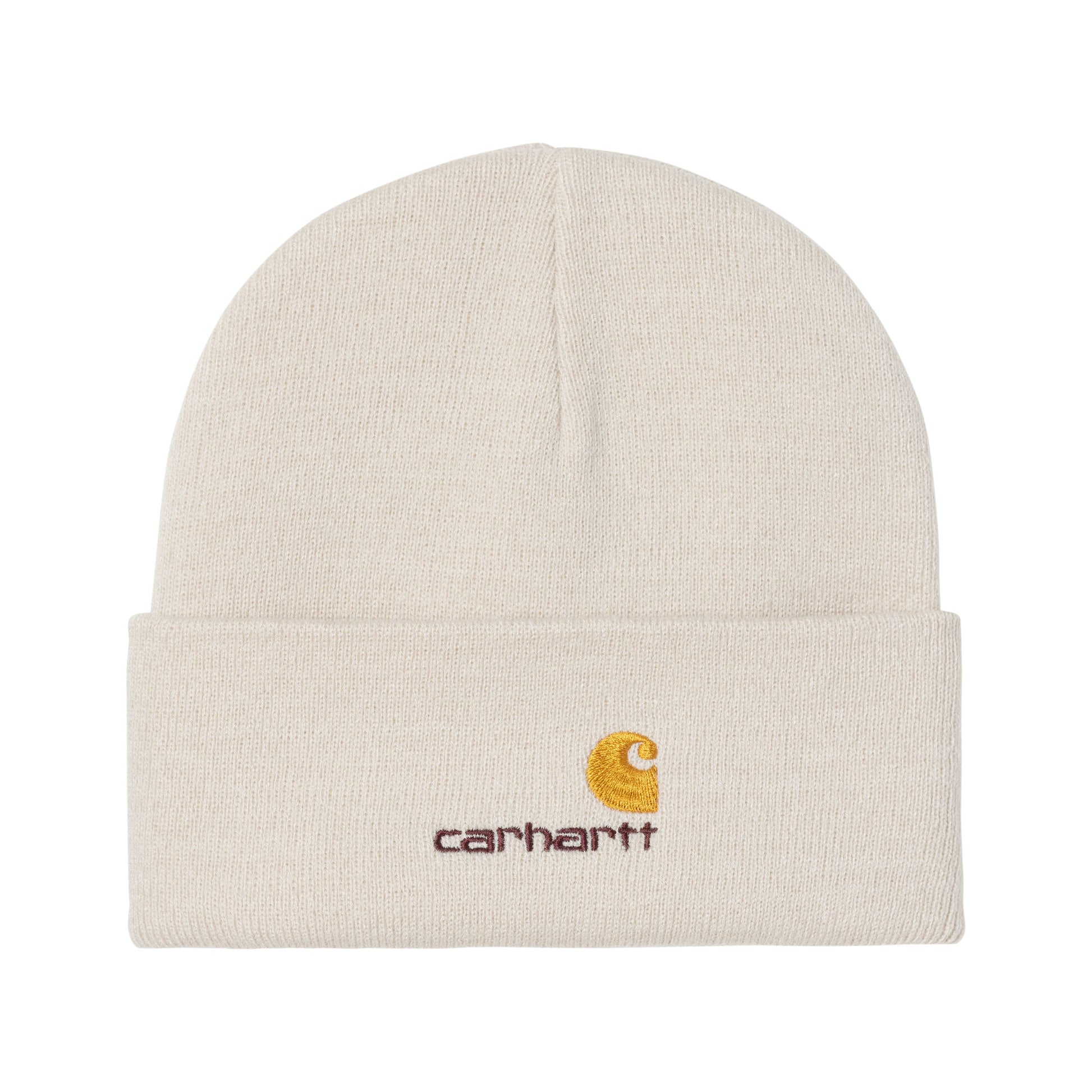 Gorro unissexo Carhartt WIP American Script em Natural. Foto da parte da frente.