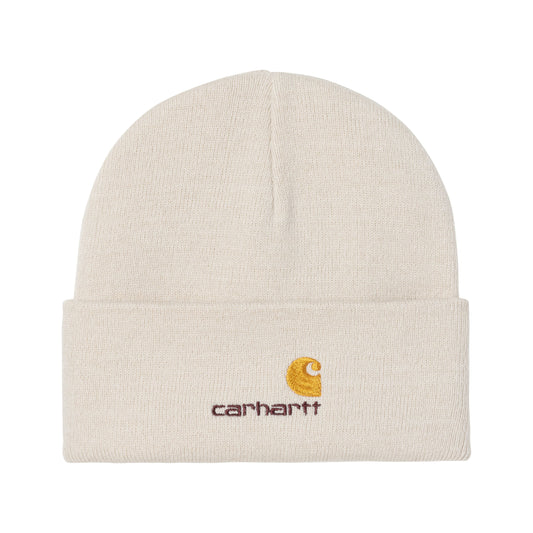 Gorro unissexo Carhartt WIP American Script em Natural. Foto da parte da frente.