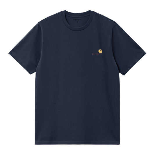 Carhartt WIP American Script Short Sleeve T-Shirt Air Force Blue. Foto da parte da frente.