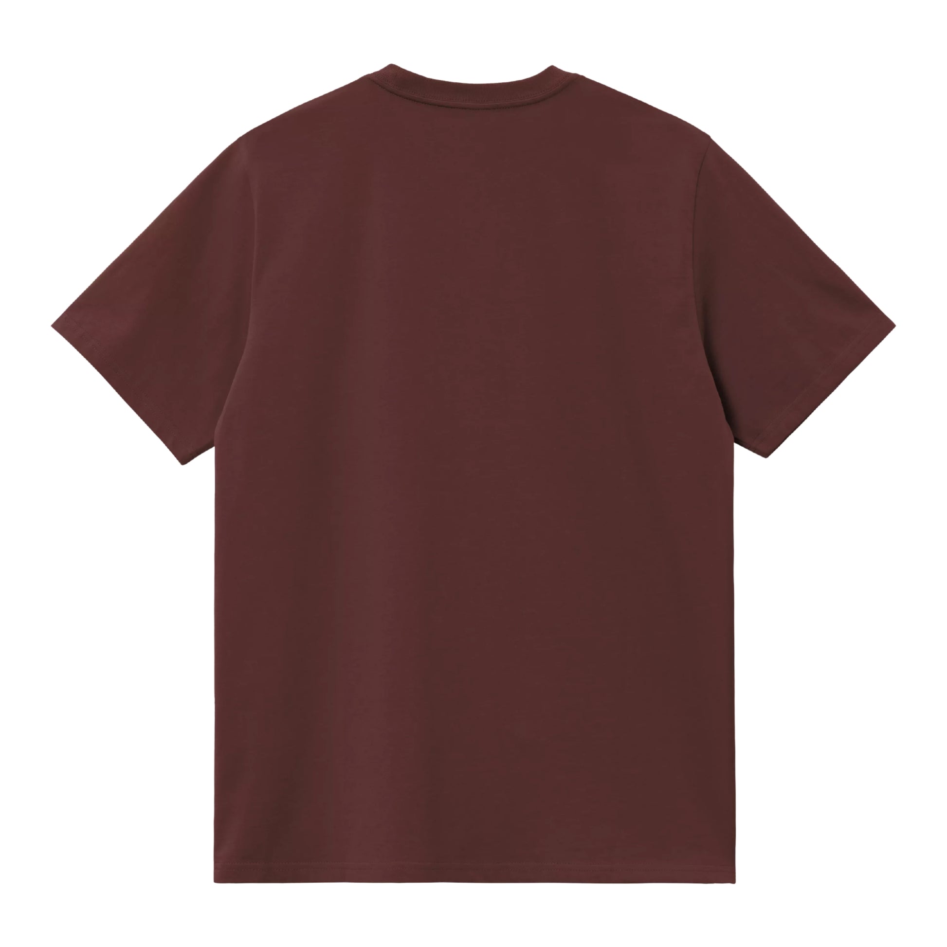 T-shirt Carhartt WIP American Script em Amarone — vista traseira, produto sem modelo, costas lisas sem gráfico, decote redondo, manga curta, jersey de algodão bordeaux escuro Amarone, fundo branco.