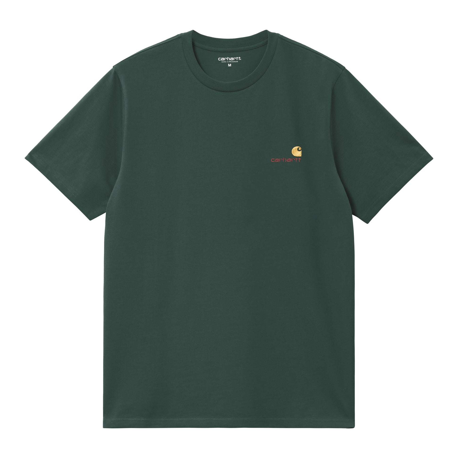 T-shirt de manga curta para homem Carhartt WIP American Script em Kale Green. Foto da parte da frente.