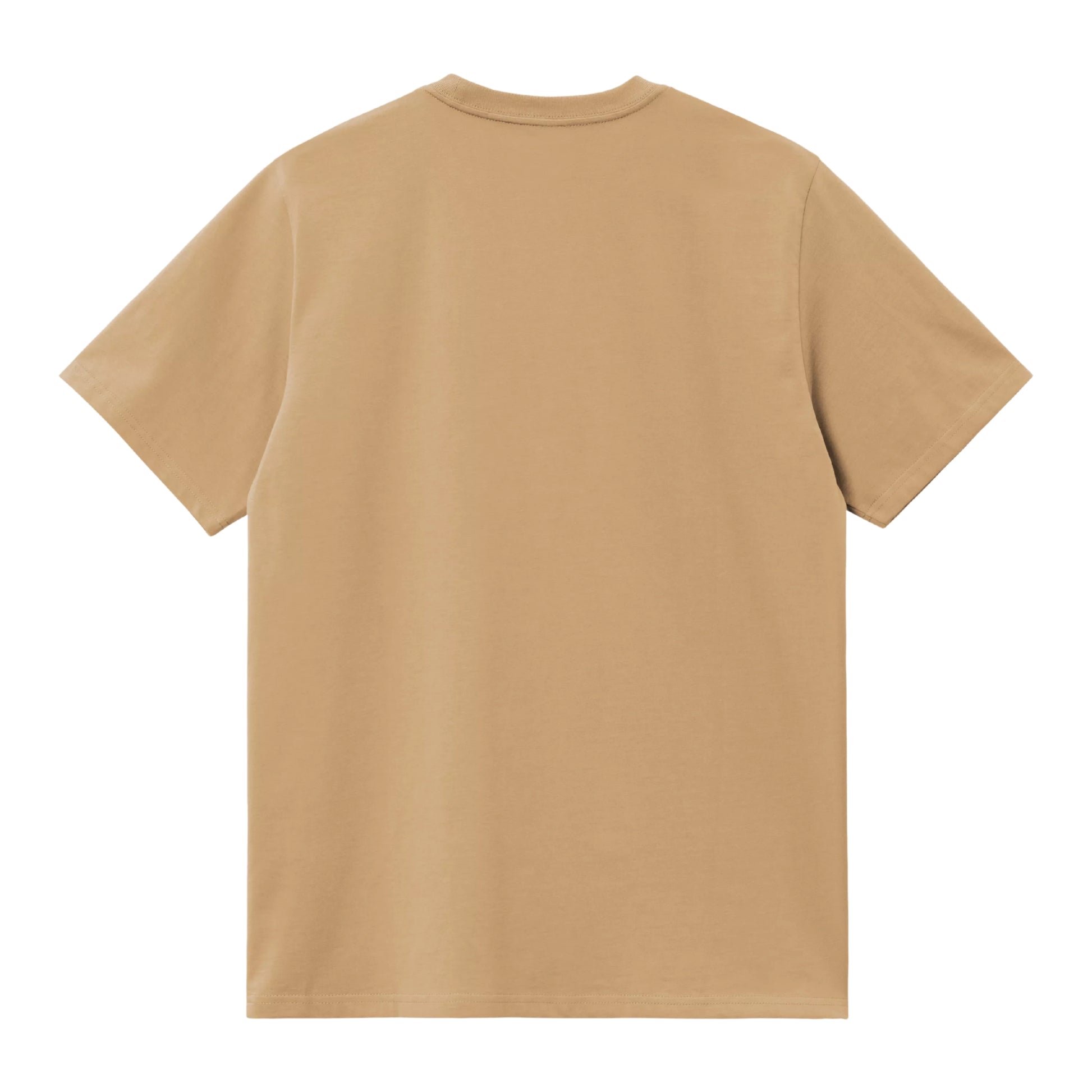 T-shirt Carhartt WIP S/S American Script em Dusty H Brown — vista traseira, produto sem modelo, malha de algodão orgânico bege-camel arenoso, corte solto e bainha reta, costas lisas sem grafismo, fundo branco.