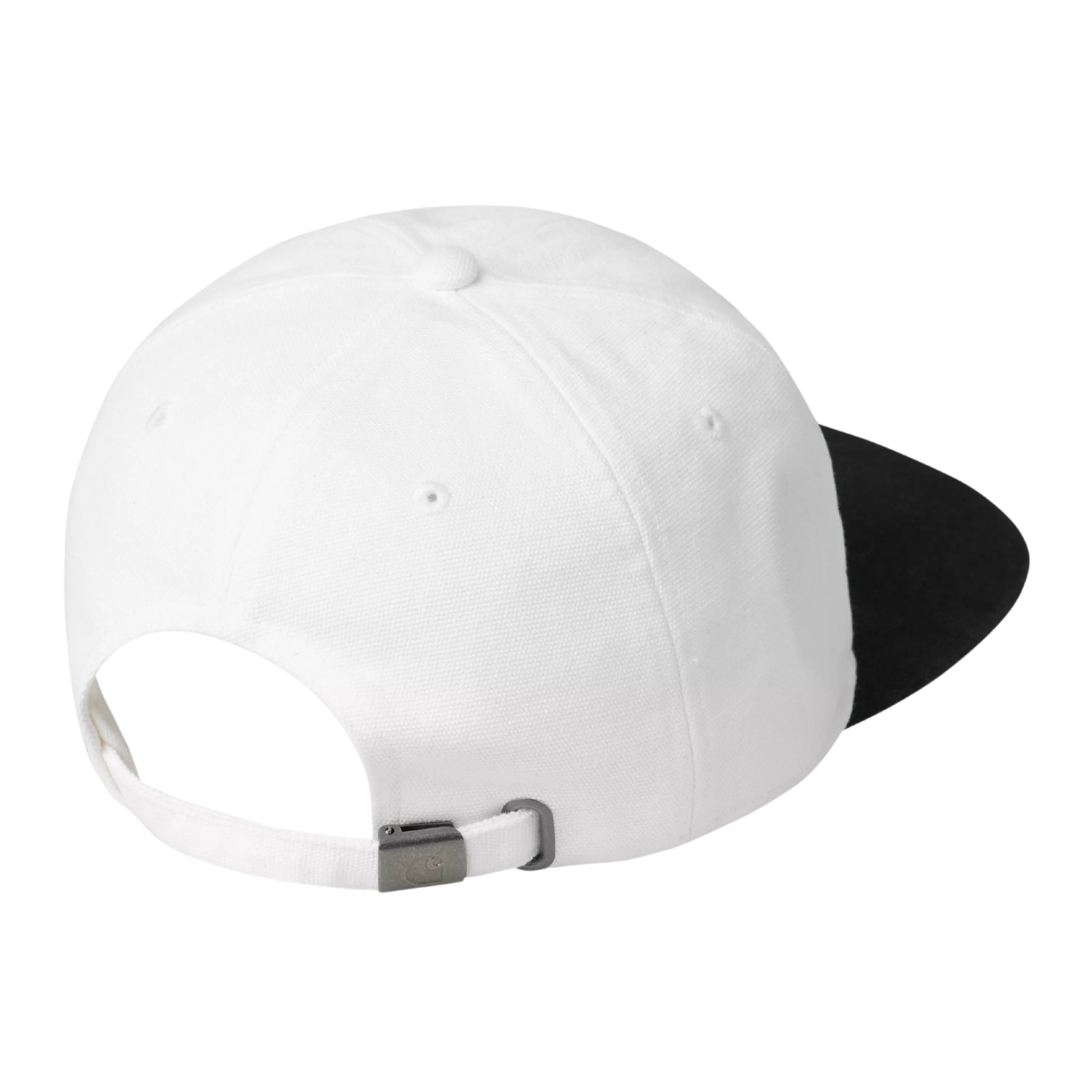 Boné Carhartt WIP Animated Ducks Cap em White / Black — vista traseira em ângulo, produto sem modelo, copa não estruturada de seis painéis em lona Dearborn branca, pala ligeiramente curva preta, correia ajustável branca com fivela metálica prateada ao centro, fundo branco.
