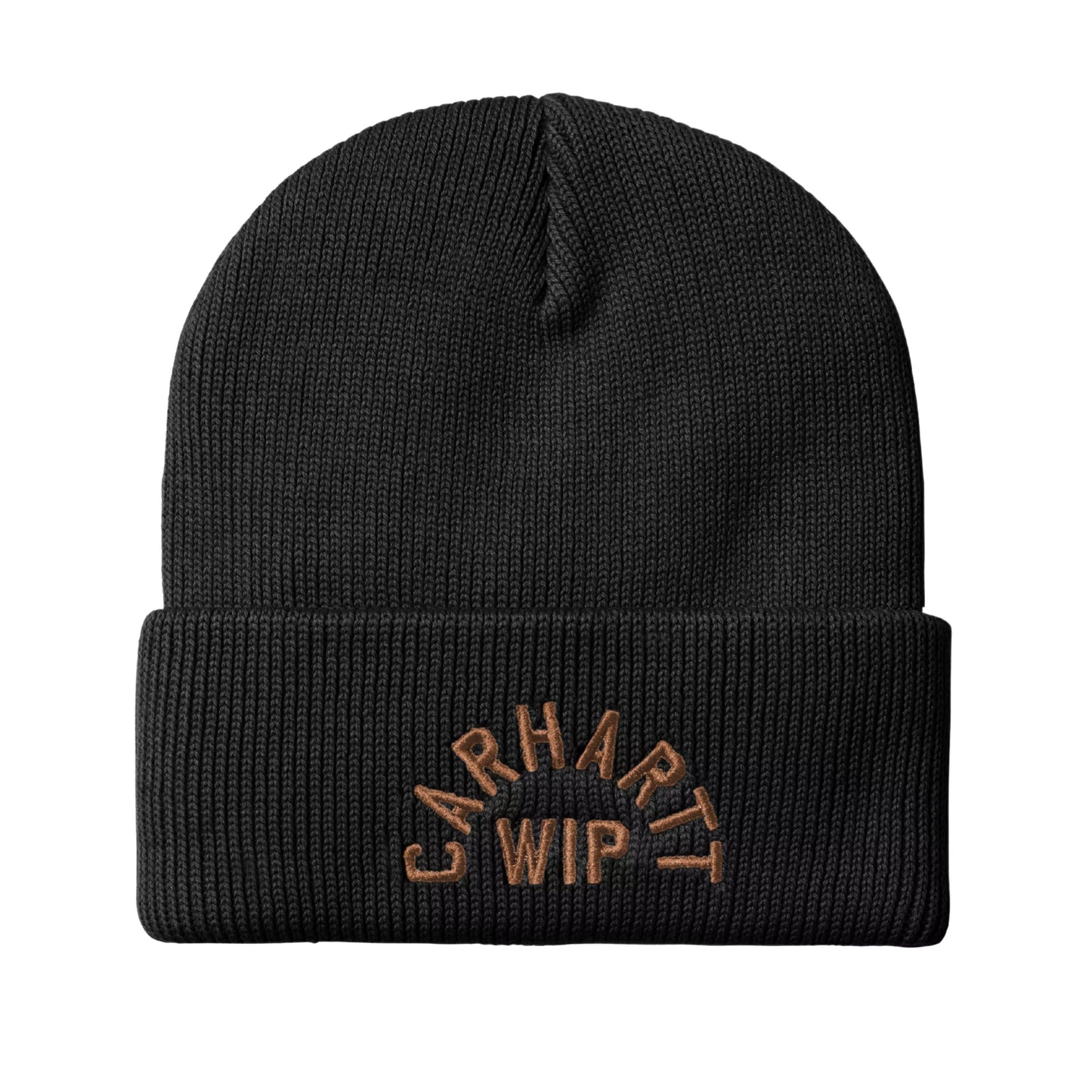 Gorro unissexo Carhartt WIP Arch Script em Preto/WIP Hamilton Brown. Foto da parte da frente.