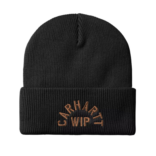 Gorro unissexo Carhartt WIP Arch Script em Preto/WIP Hamilton Brown. Foto da parte da frente.