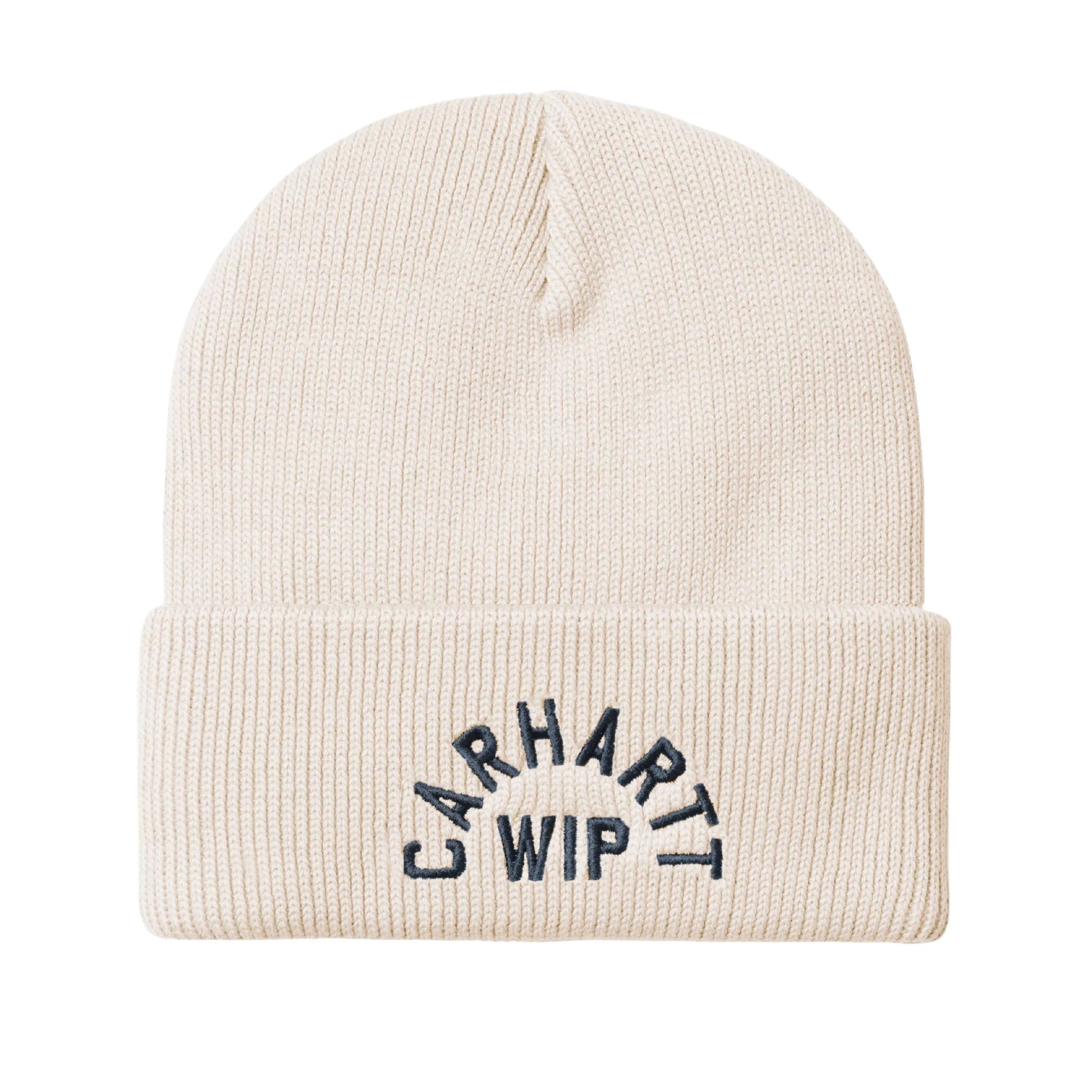 Gorro unissexo Carhartt WIP Arch Script em Natural/Dark Navy. Foto da parte da frente.