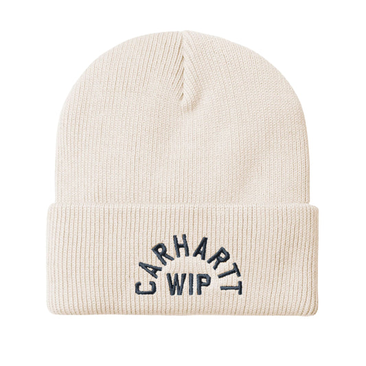 Gorro unissexo Carhartt WIP Arch Script em Natural/Dark Navy. Foto da parte da frente.