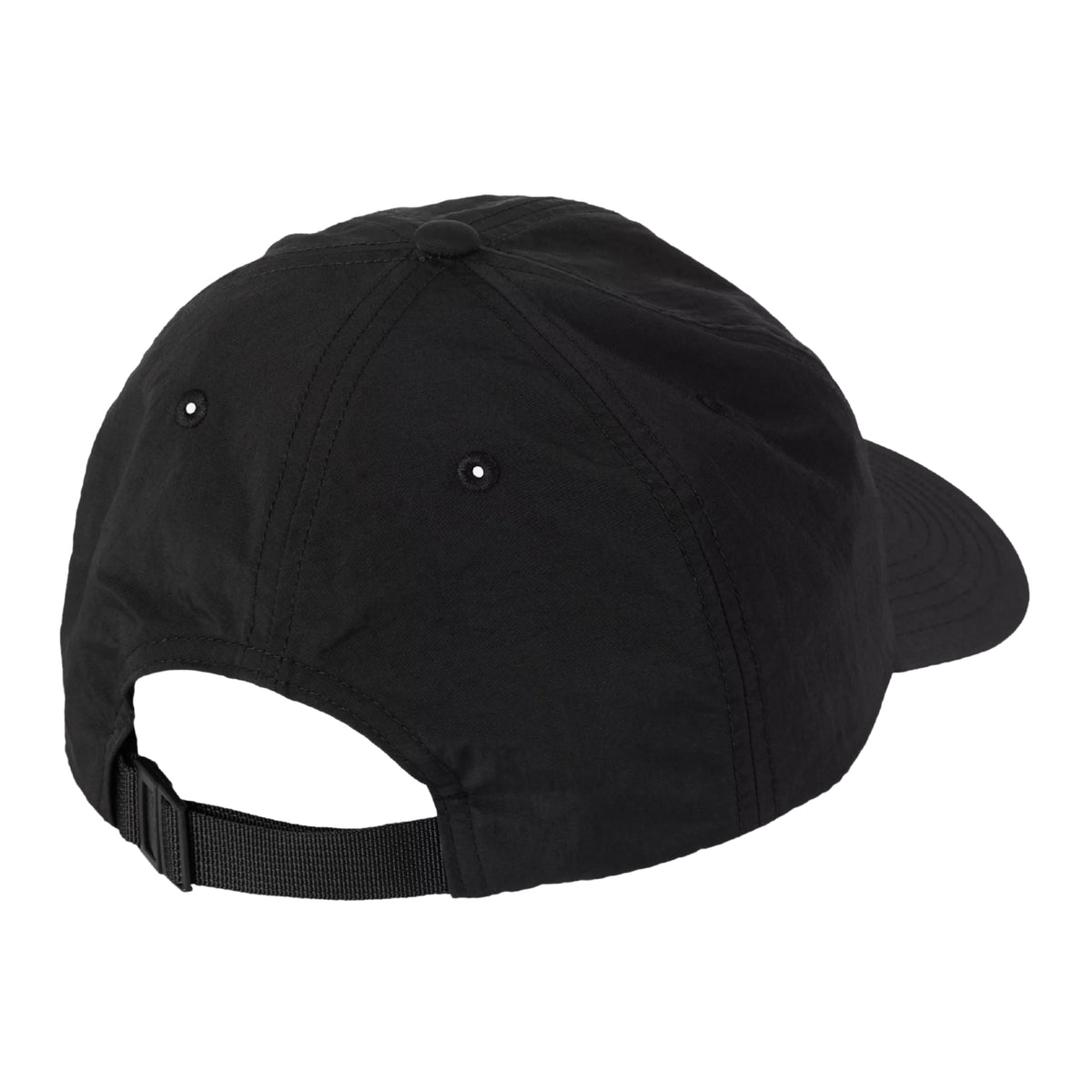 Boné Carhartt WIP Arch Script Cap em Preto — vista de três quartos traseira, boné preto de cinco painéis com tira ajustável preta, fecho traseiro e pala rígida e plana, fundo branco.