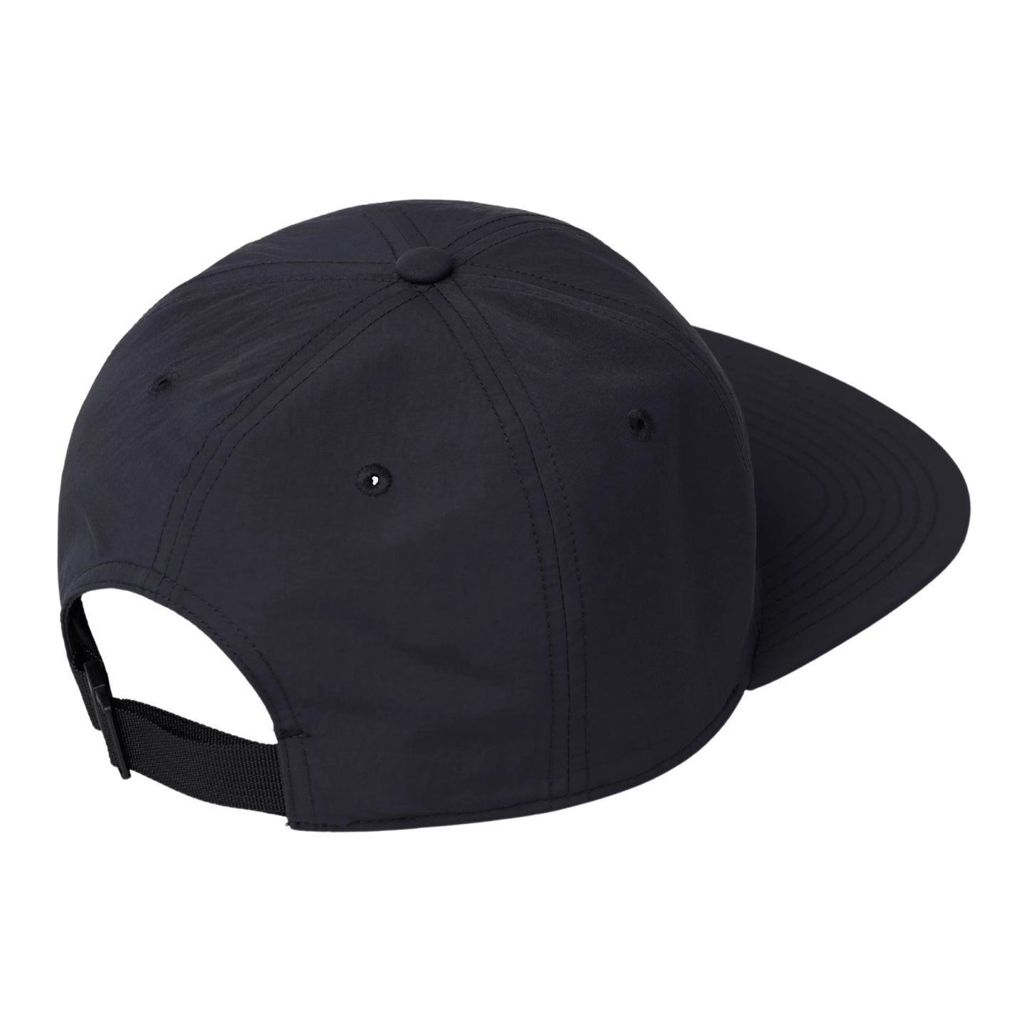 Boné Carhartt WIP Arch Script Cap em Dark Navy — vista traseira em ângulo de três quartos, produto sem modelo, nylon azul-marinho escuro, cinco painéis sem estrutura, costuras visíveis, ilhó preto no topo, fita ajustável preta na parte traseira com fecho em clip, fundo branco.