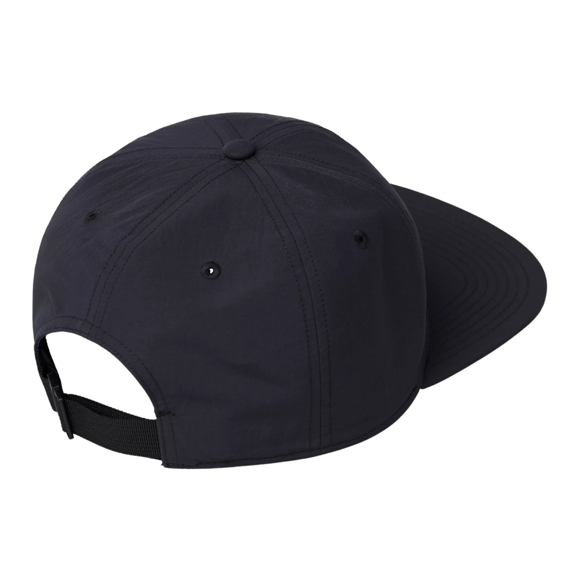 Boné Carhartt WIP Arch Script Cap em Dark Navy — vista traseira em ângulo de três quartos, produto sem modelo, nylon azul-marinho escuro, cinco painéis sem estrutura, costuras visíveis, ilhó preto no topo, fita ajustável preta na parte traseira com fecho em clip, fundo branco.